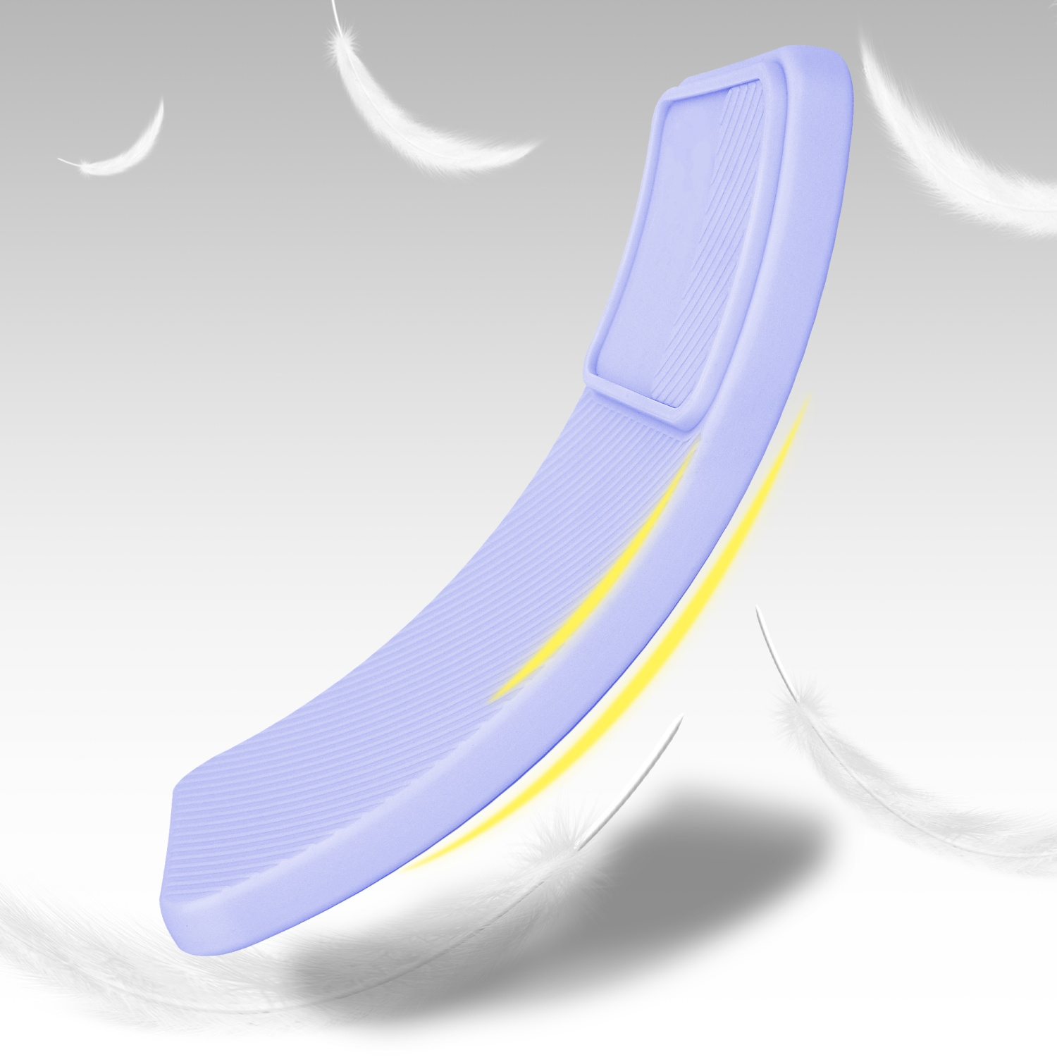 Una custodia per telefono azzurra con un design unico, un contorno giallo e alcune piume bianche.