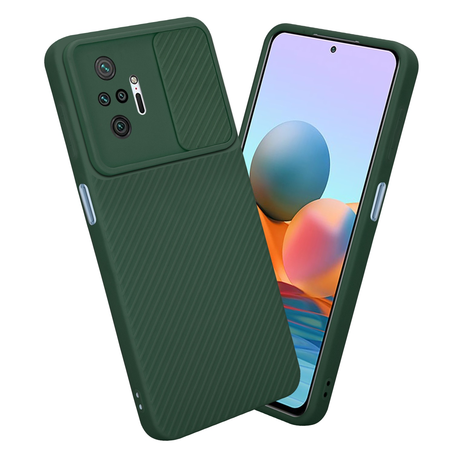Custodia verde per telefono con copertura fotocamera, accanto a un telefono. Entrambi sono angolati con sfondo bianco.