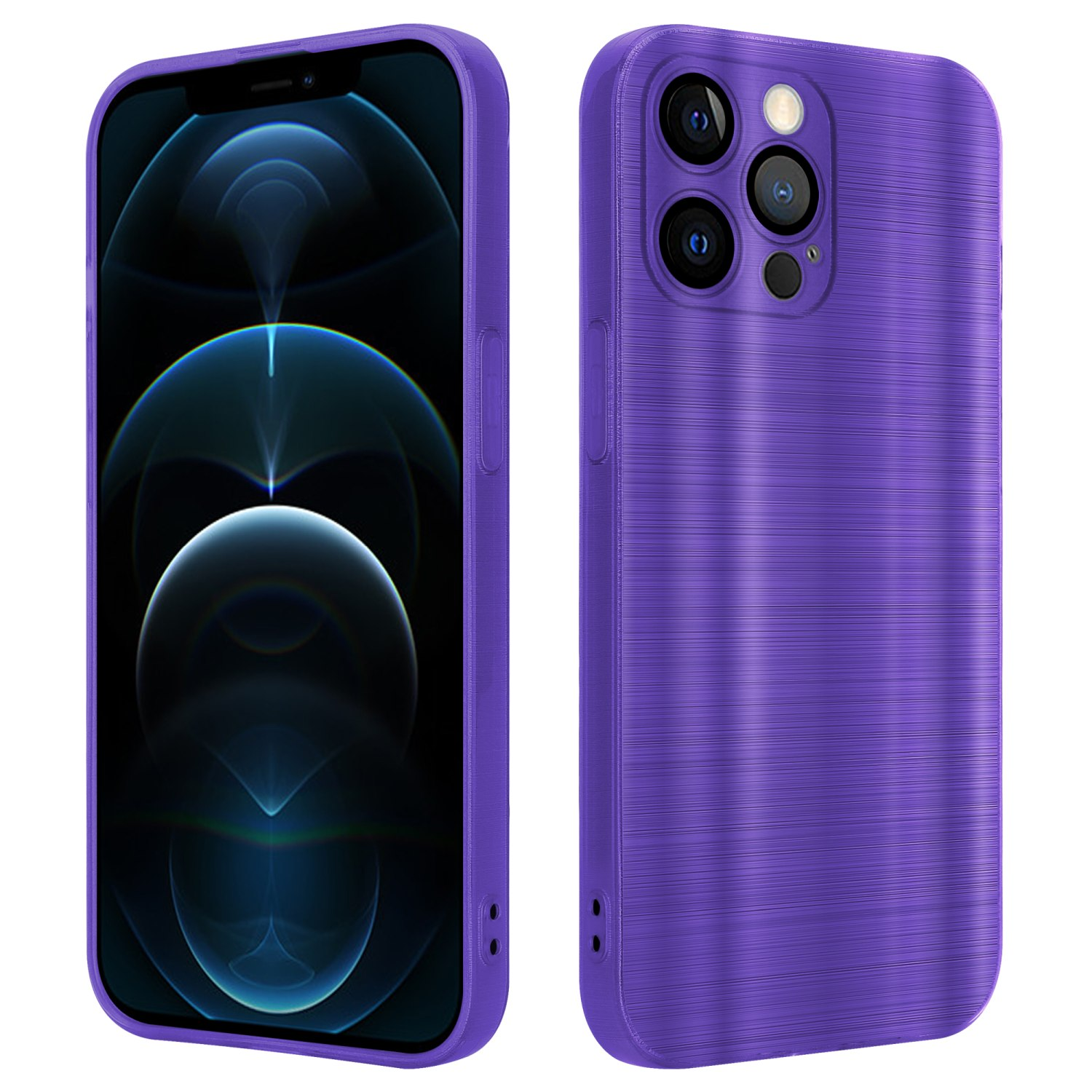 Lila Handyhülle auf einem Telefon. Der Bildschirm zeigt einen blauen Hintergrund. Weißer Hintergrund.