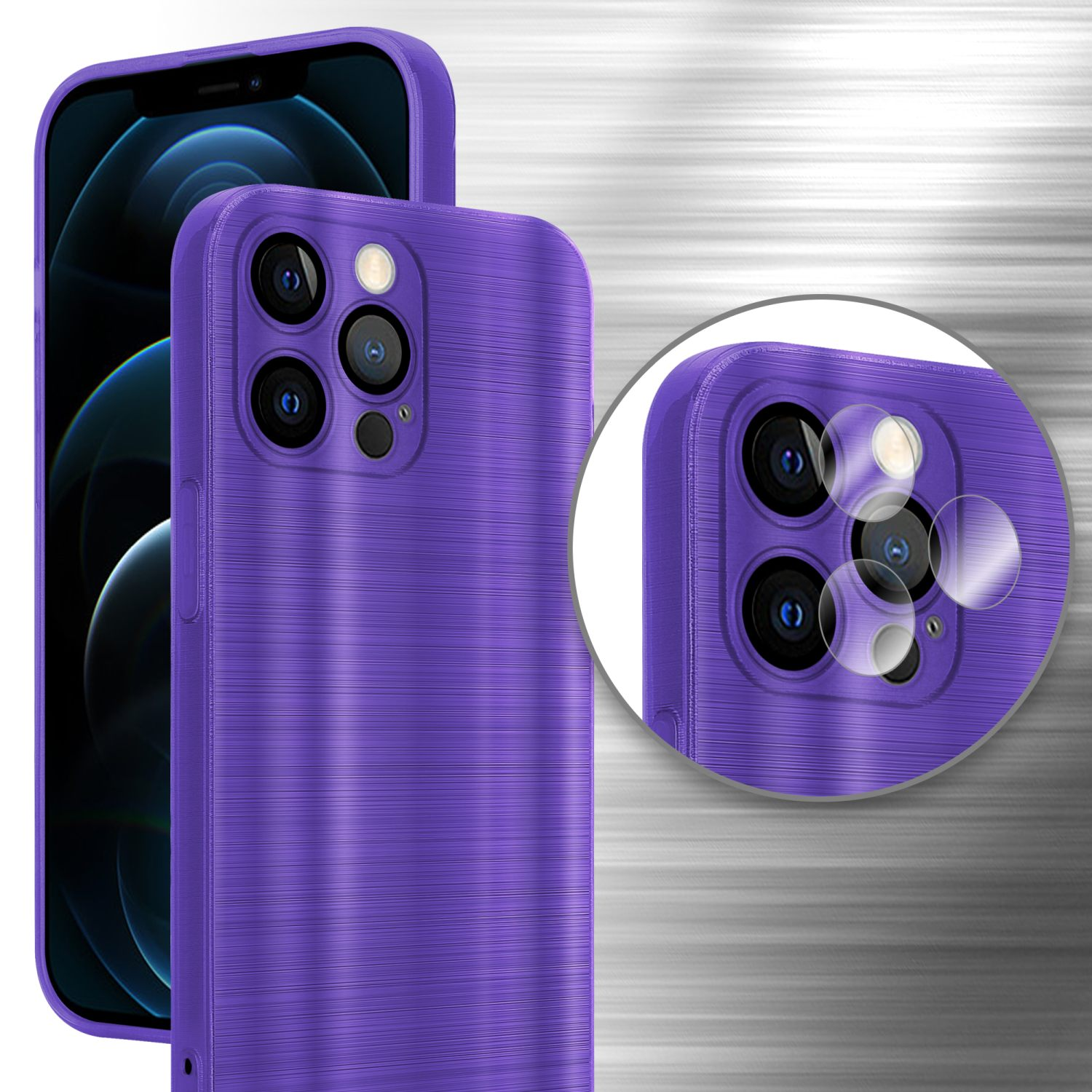 Eine lila Handyhülle auf einem Telefon. Das Detail zeigt die Kameras. Der Hintergrund hat einen Metalleffekt.