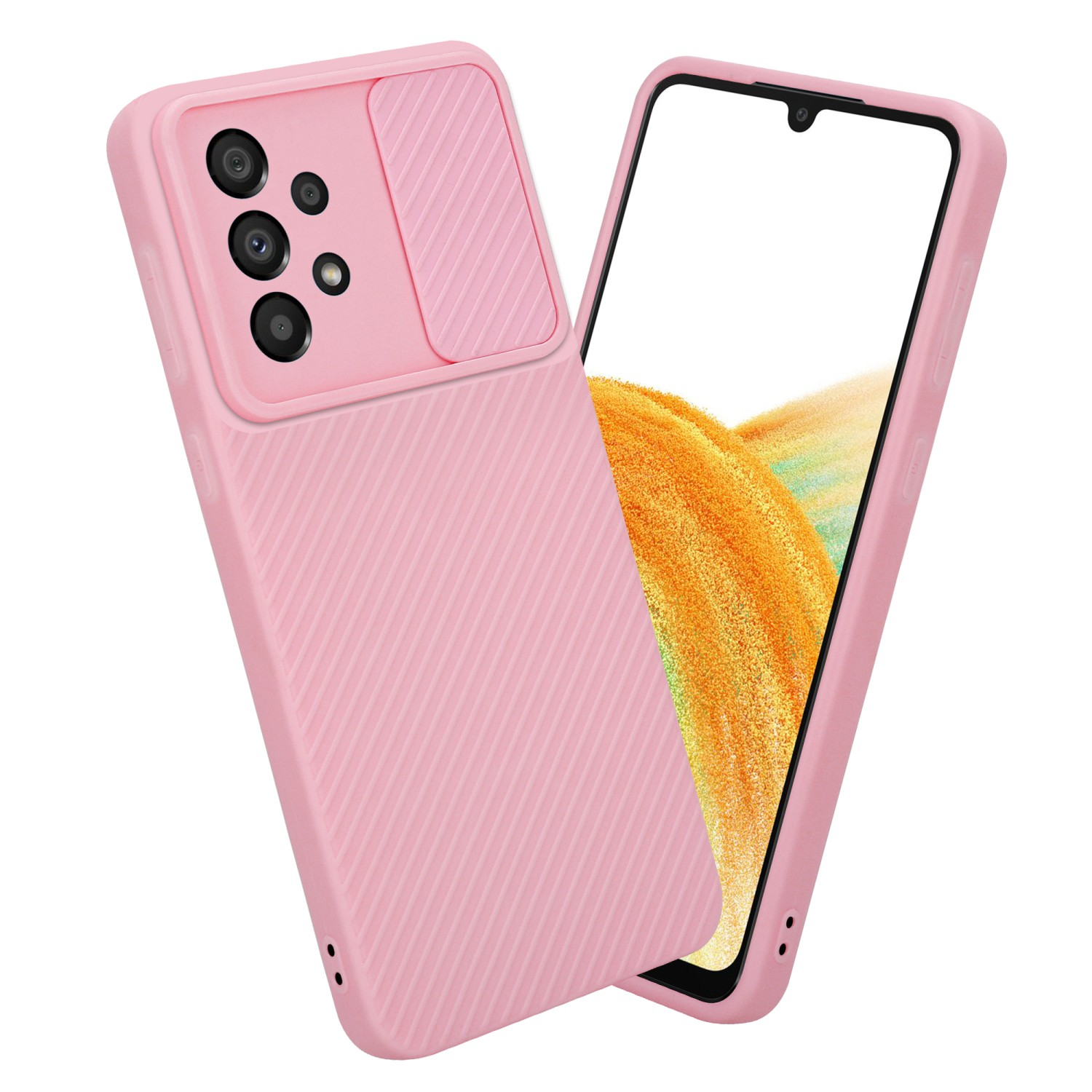 Custodia per telefono rosa con protezione della fotocamera e un telefono all'interno, leggermente inclinato.