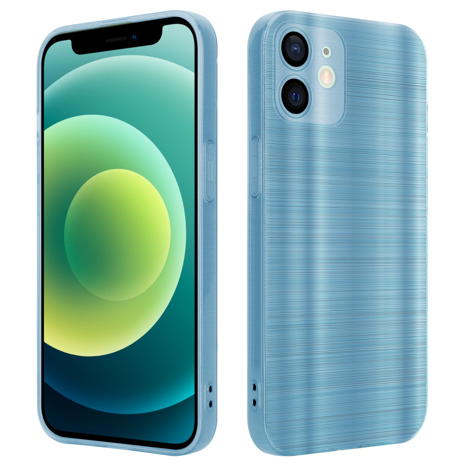 Blaue Handyhülle und Handy. Die Hülle hat ein strukturiertes Design. Das Telefon ist ebenfalls blau.