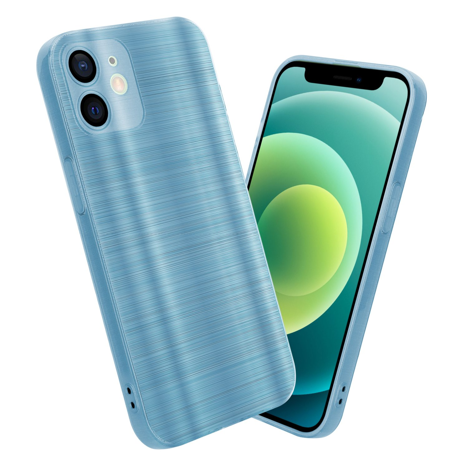 Blaue Handyhülle, mit einem Telefon darin, das den Bildschirm zeigt.