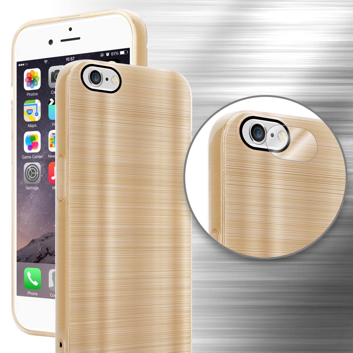 Goldene Handyhülle auf einem weißen iPhone. Detailansicht des Kamerabereichs.