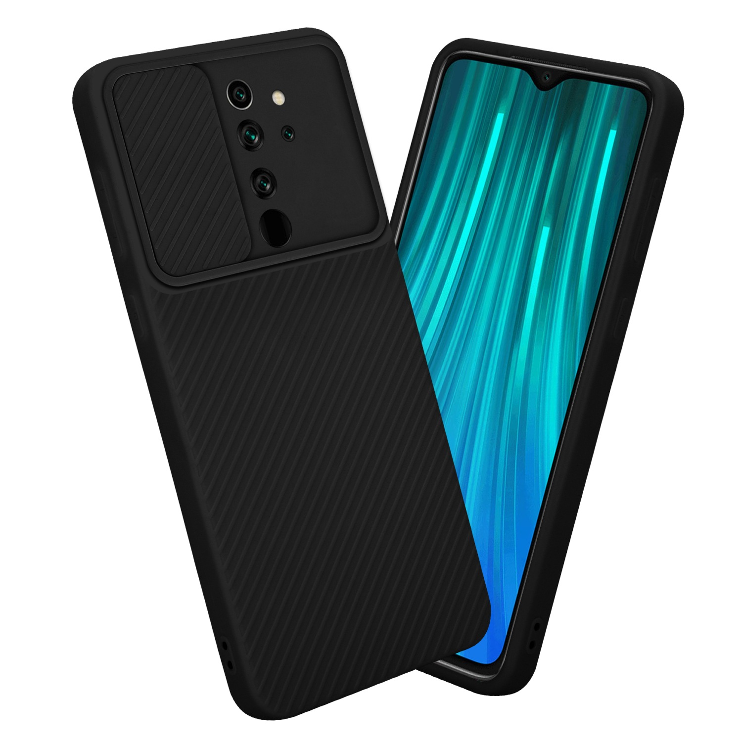 Custodia nera su un telefono. La custodia ha una copertura per fotocamera e un motivo.
