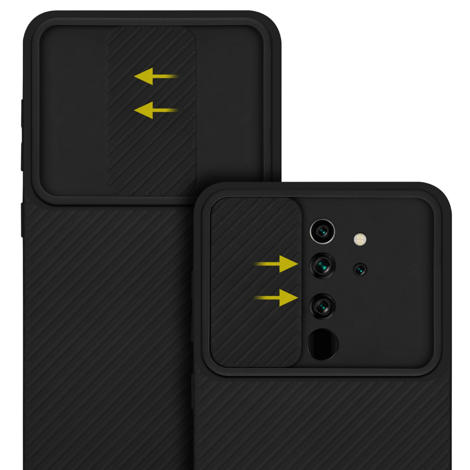 Custodia nera per telefono con fori per fotocamera e copertura scorrevole. Frecce gialle indicano la fotocamera.