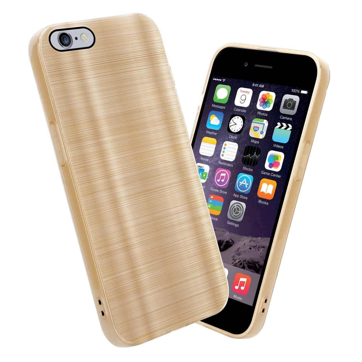 Goldene Handyhülle und Telefon mit Holzstruktur. Das Telefon zeigt den Bildschirm.
