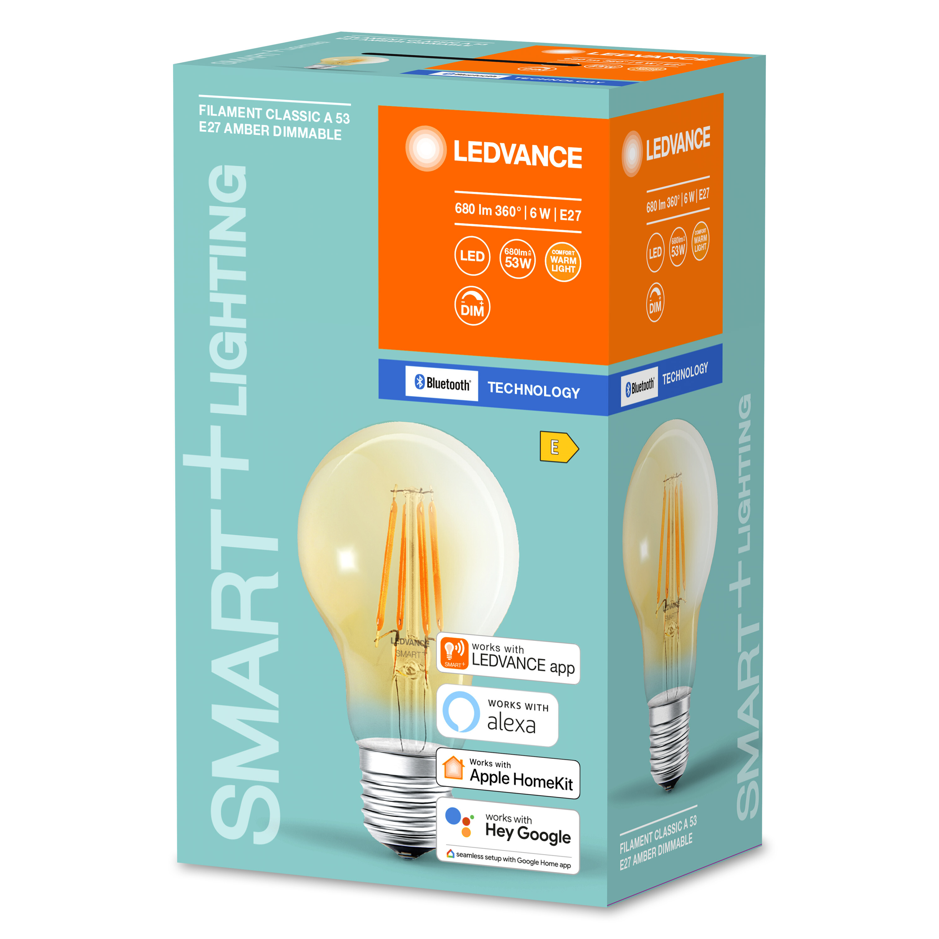 Eine Glühbirnenbox mit Smart-Lighting- und Smart-Funktionen-Label.
