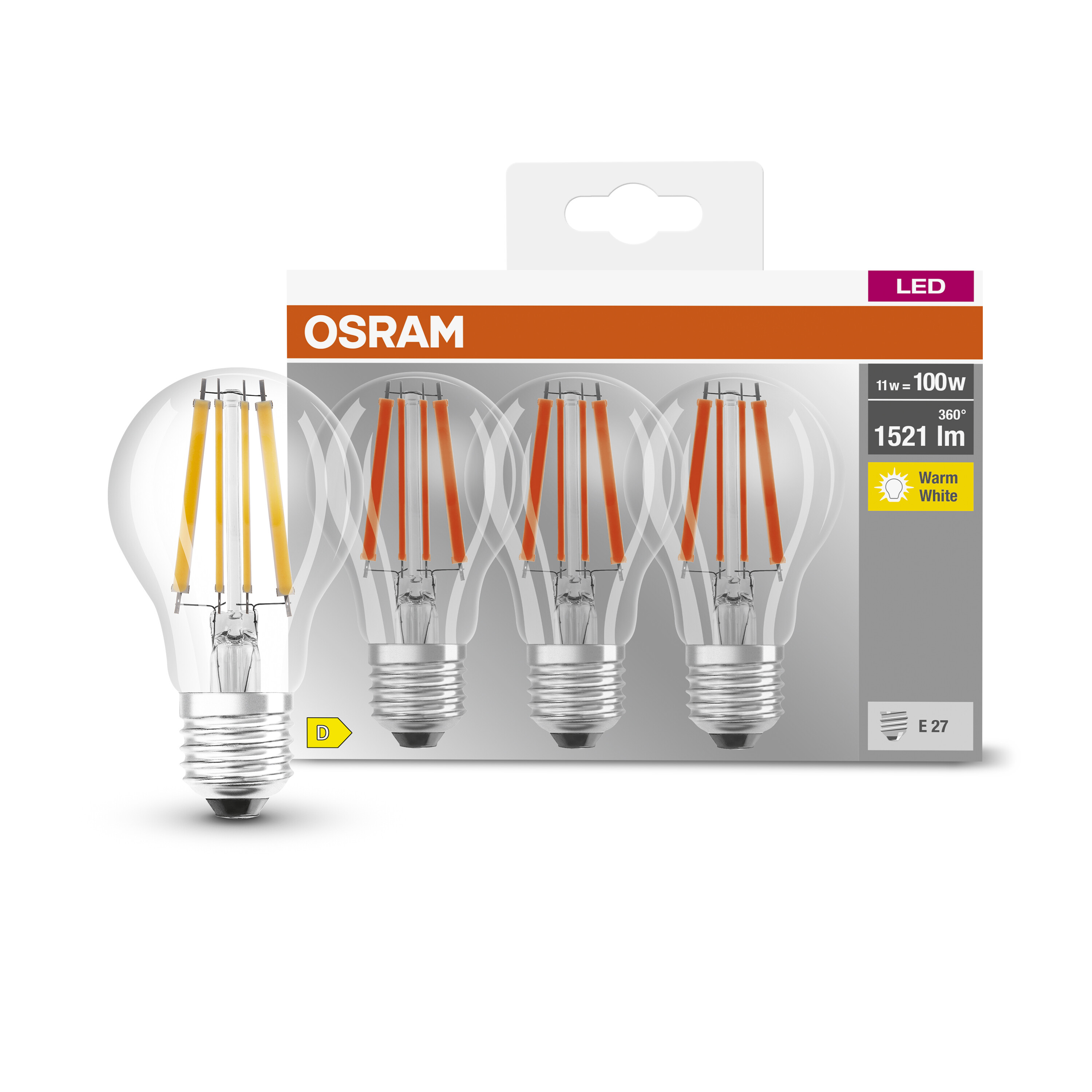 Quattro lampadine a LED in una confezione. Le lampadine hanno un vetro trasparente e filamenti arancioni.