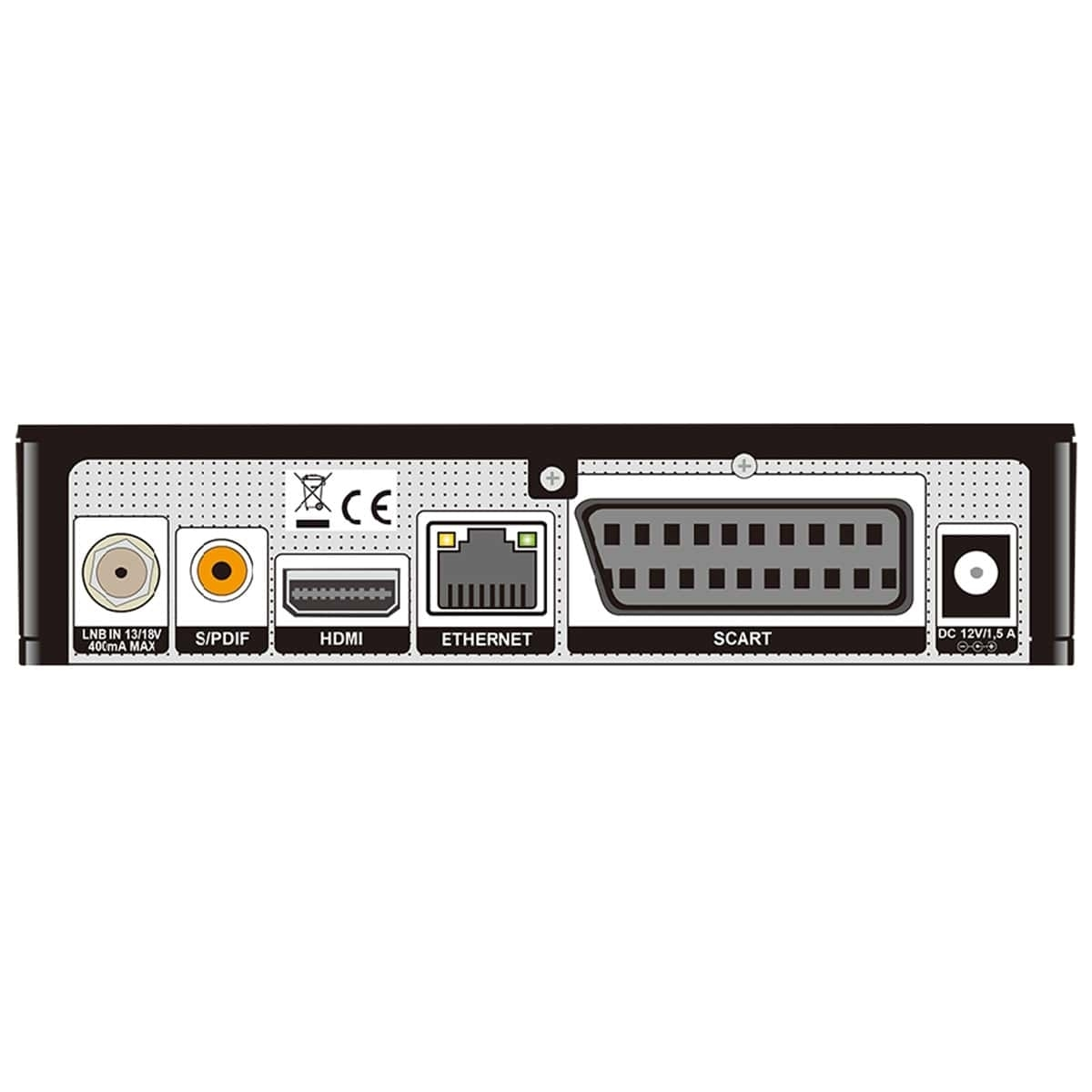 Rückseite eines schwarzen Geräts mit verschiedenen Eingangsanschlüssen, einschließlich HDMI und Ethernet.