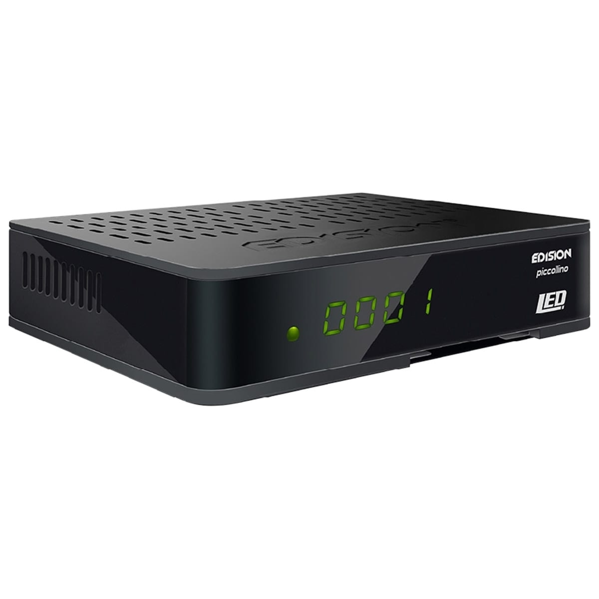 Ein schwarzer Digitalreceiver mit grüner Anzeige. Der Text darauf lautet: EDISION piccolino LED.