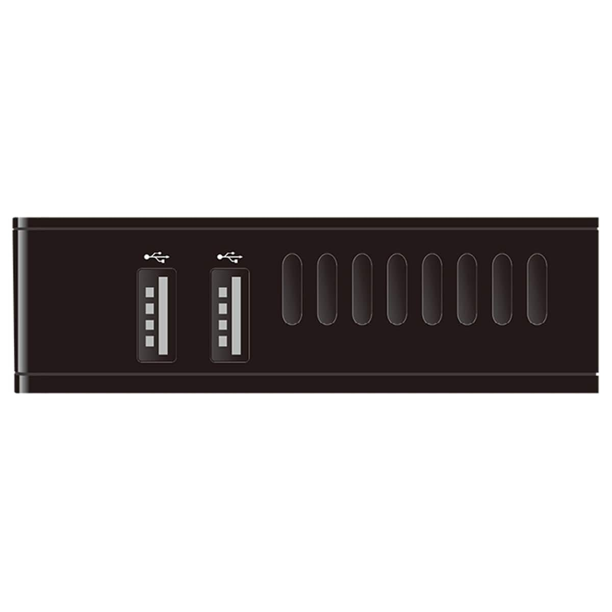 Schwarzer USB-Hub mit zwei USB-Anschlüssen und mehreren Steckplätzen.