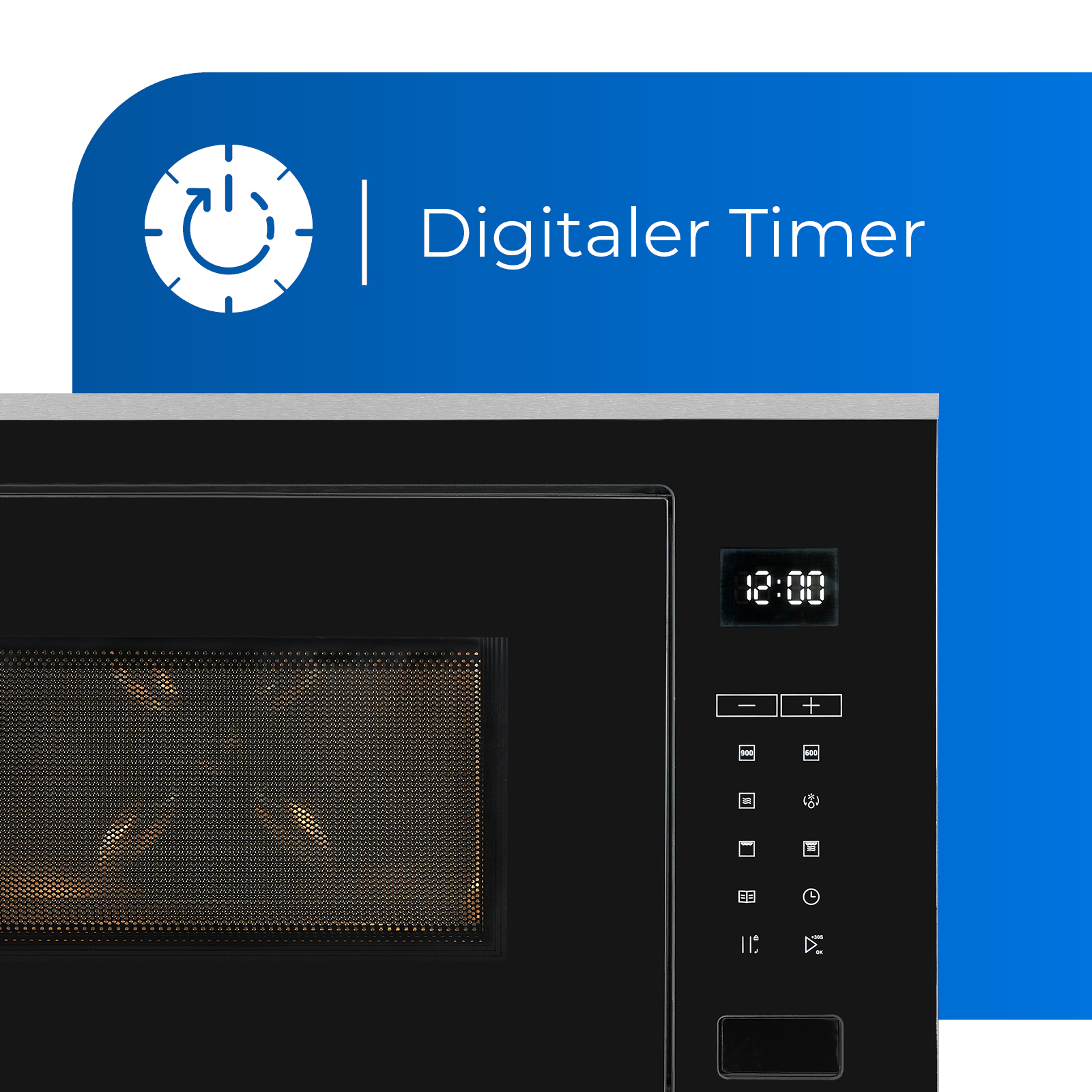 Schwarze Mikrowelle mit digitaler Zeitanzeige um 12:00 Uhr. Blauer Banner oben.