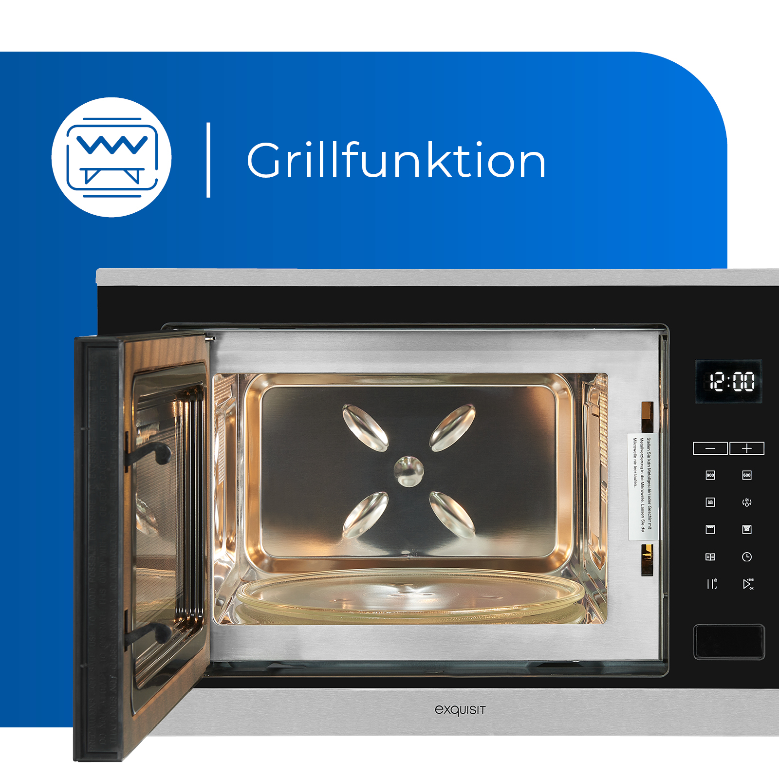 Mikrowelle, geöffnet. Mit Grillfunktion, auf blauem Hintergrund.