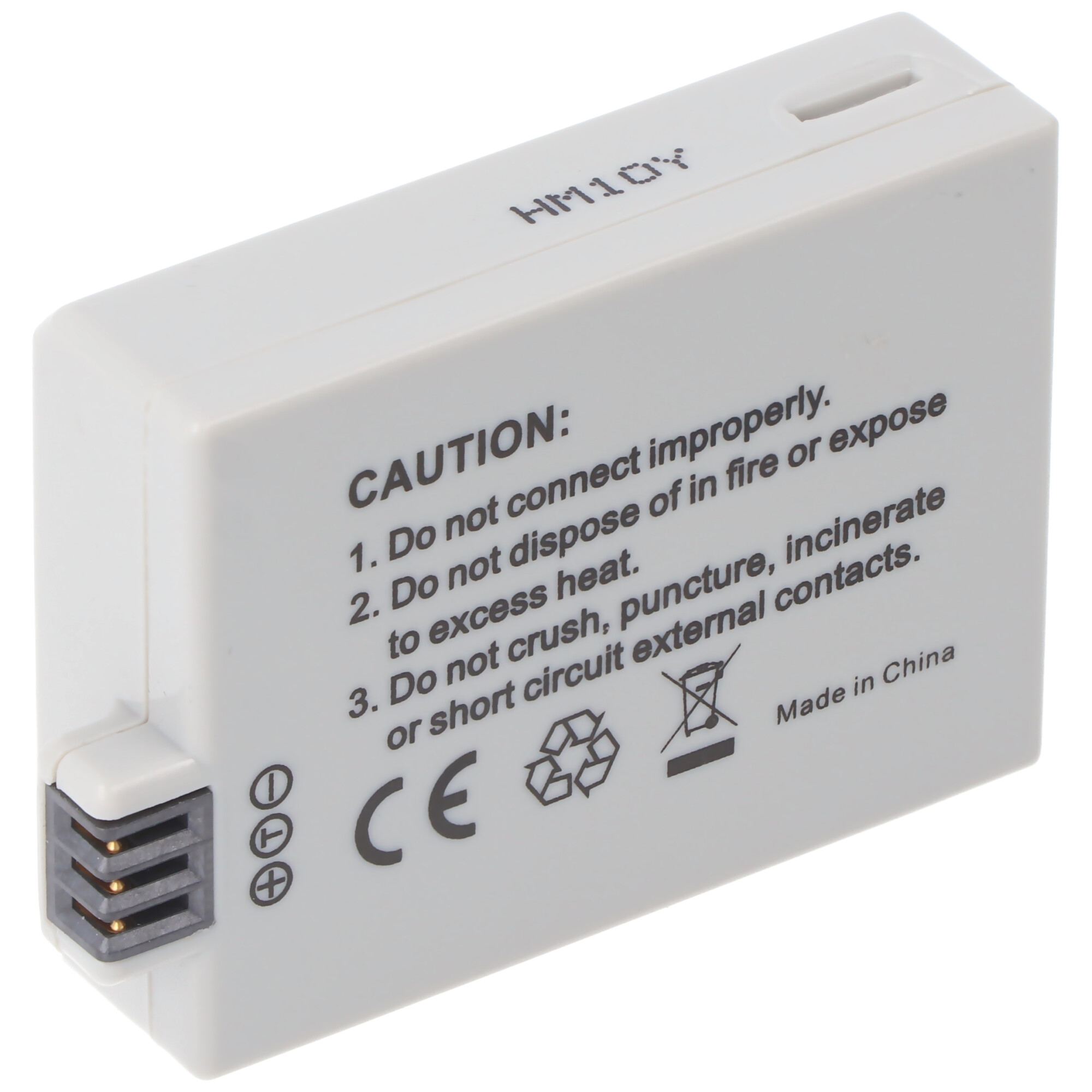 Una batteria rettangolare bianca con testo e avvertenze stampate, su sfondo bianco.
