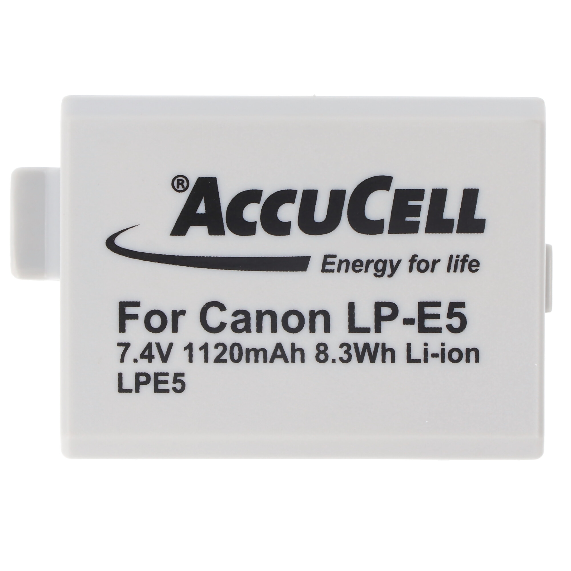Una batteria bianca AccuCell per una fotocamera Canon LP-E5, con testo che indica voltaggio, capacità e modello.