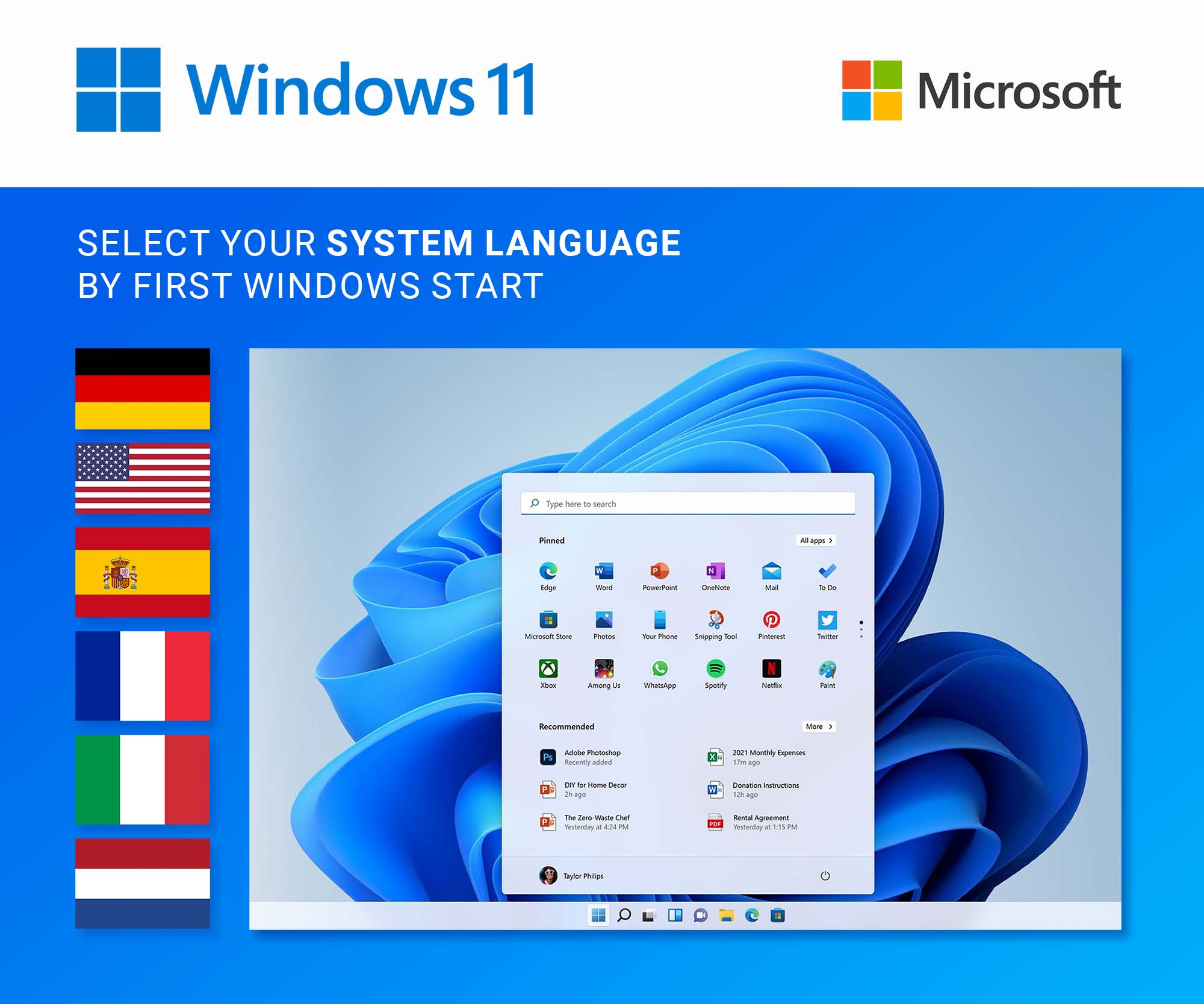 Windows 11-Setup-Bildschirm. Flaggen, Windows-Logo, Microsoft-Logo und ein Bildschirm mit App-Symbolen.