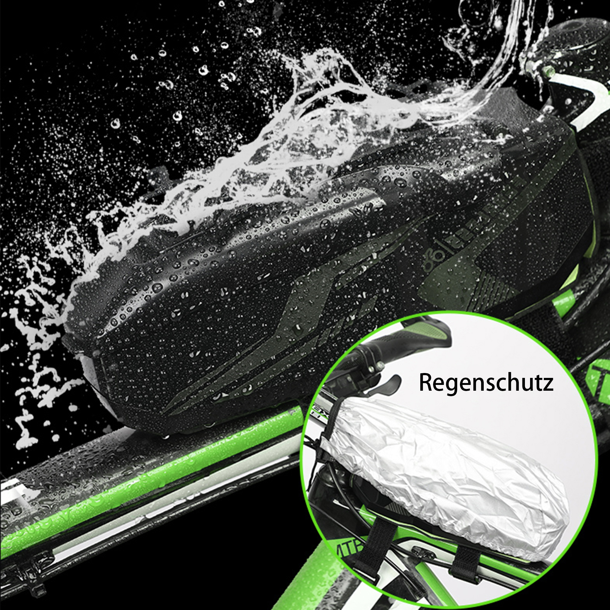 Fahrrad mit einer schwarzen, wasserdichten Tasche. Wasser spritzt auf die Tasche. Eine weiße Abdeckung wird gezeigt.