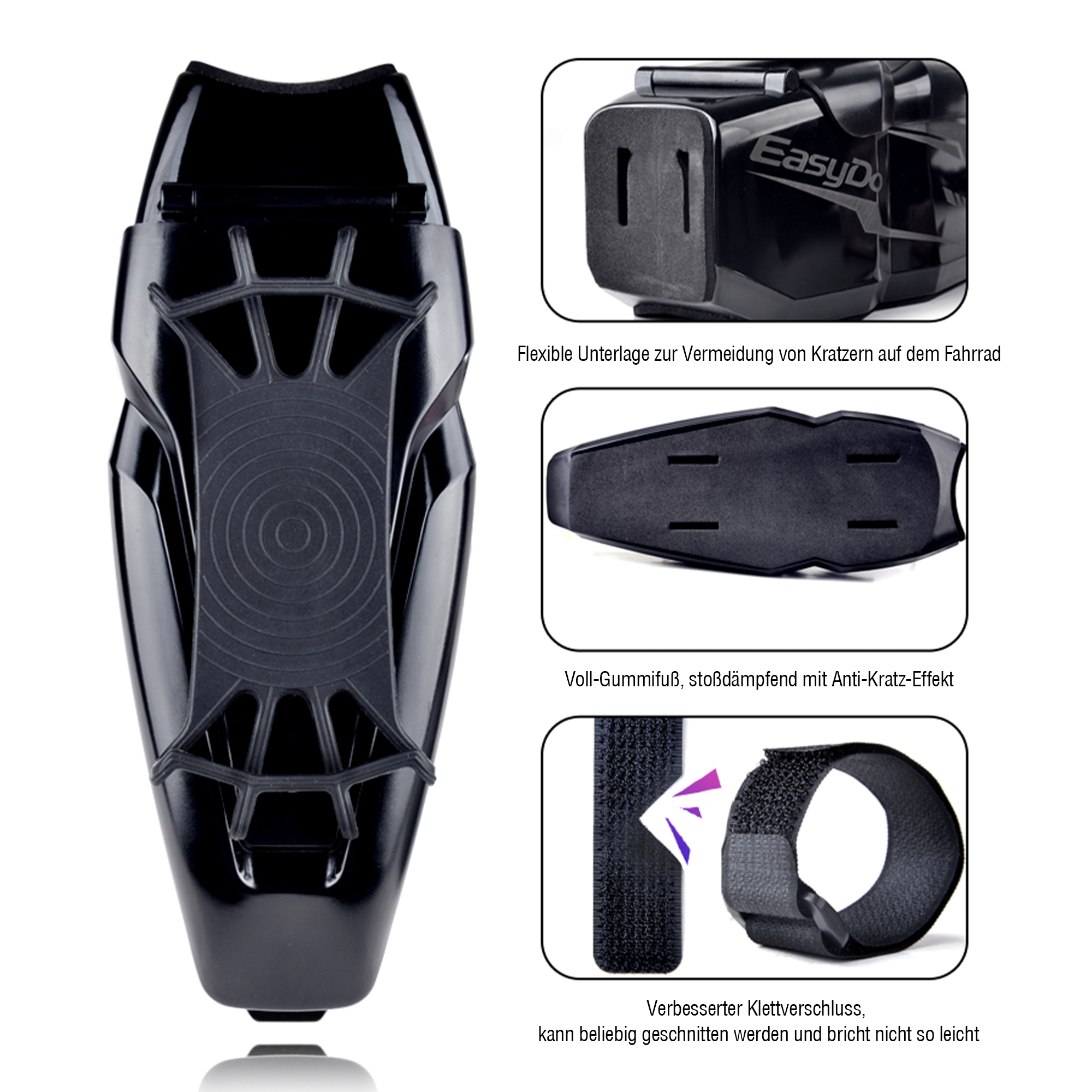 Schwarzer Fahrrad-Telefonhalter mit Details.