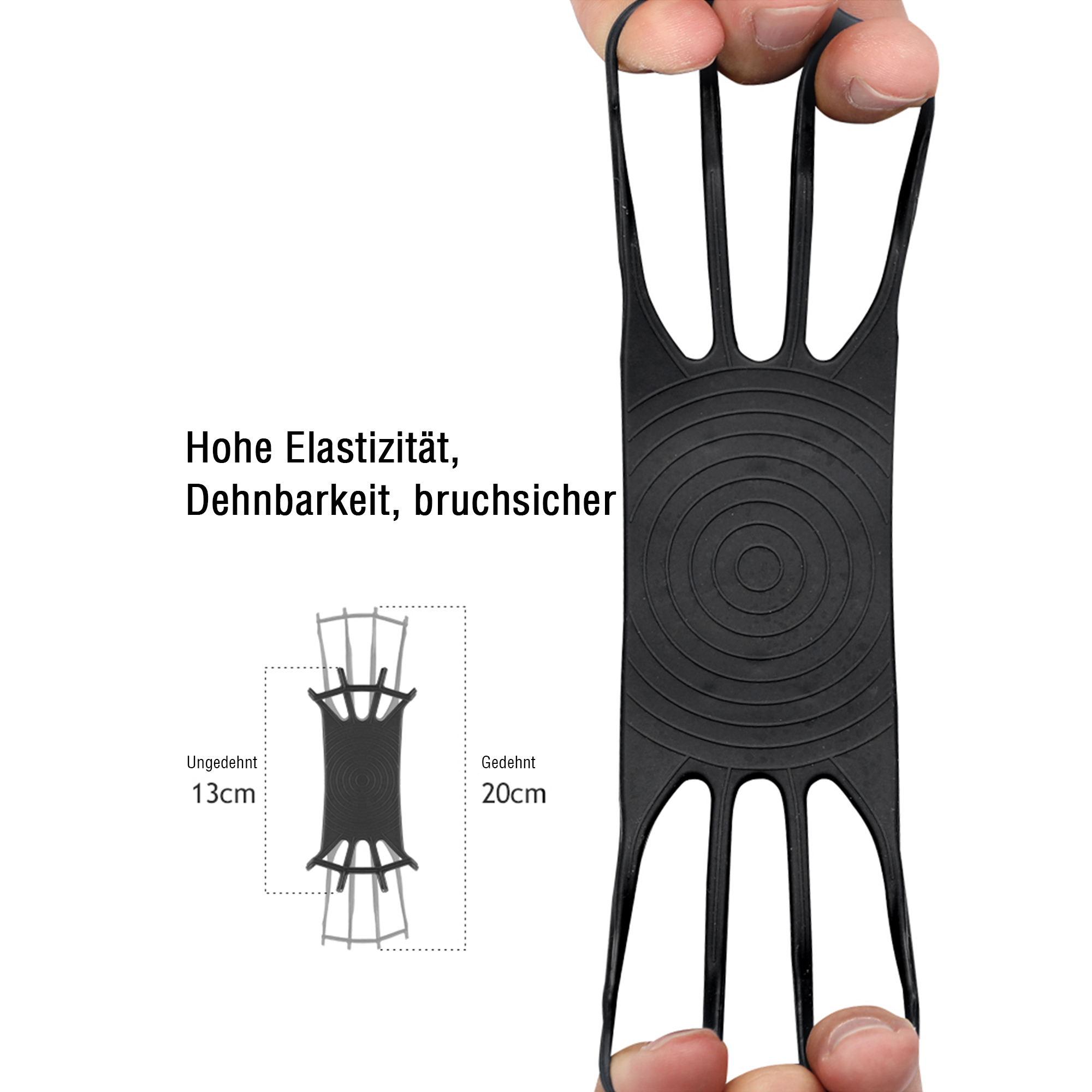 Schwarzer Telefonhalter, mit Händen gedehnt. Text: Hohe Elastizität, dehnbar, bruchsicher.