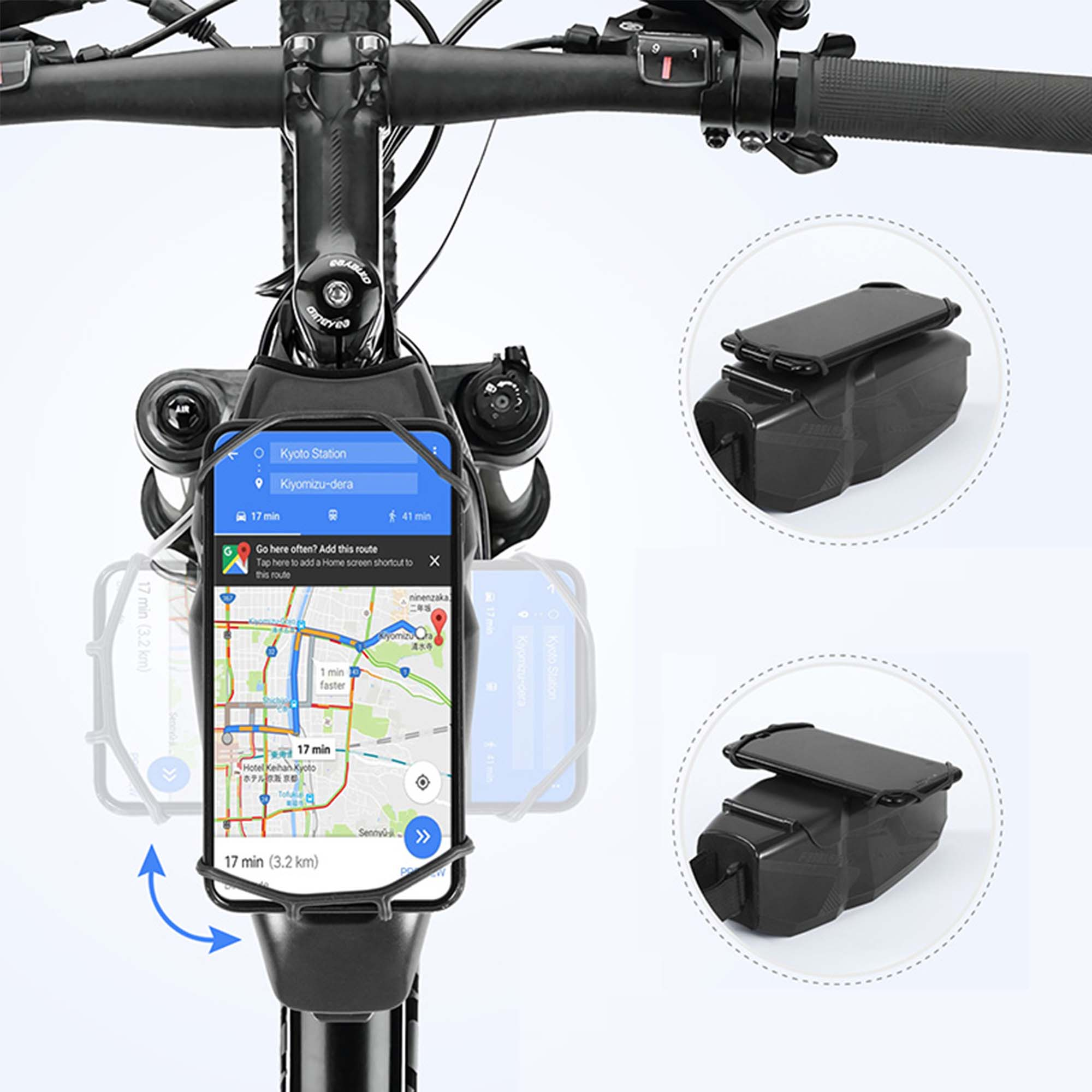 Telefon an Fahrradlenker montiert, Karte zeigend. Zwei zusätzliche Halter werden angezeigt.