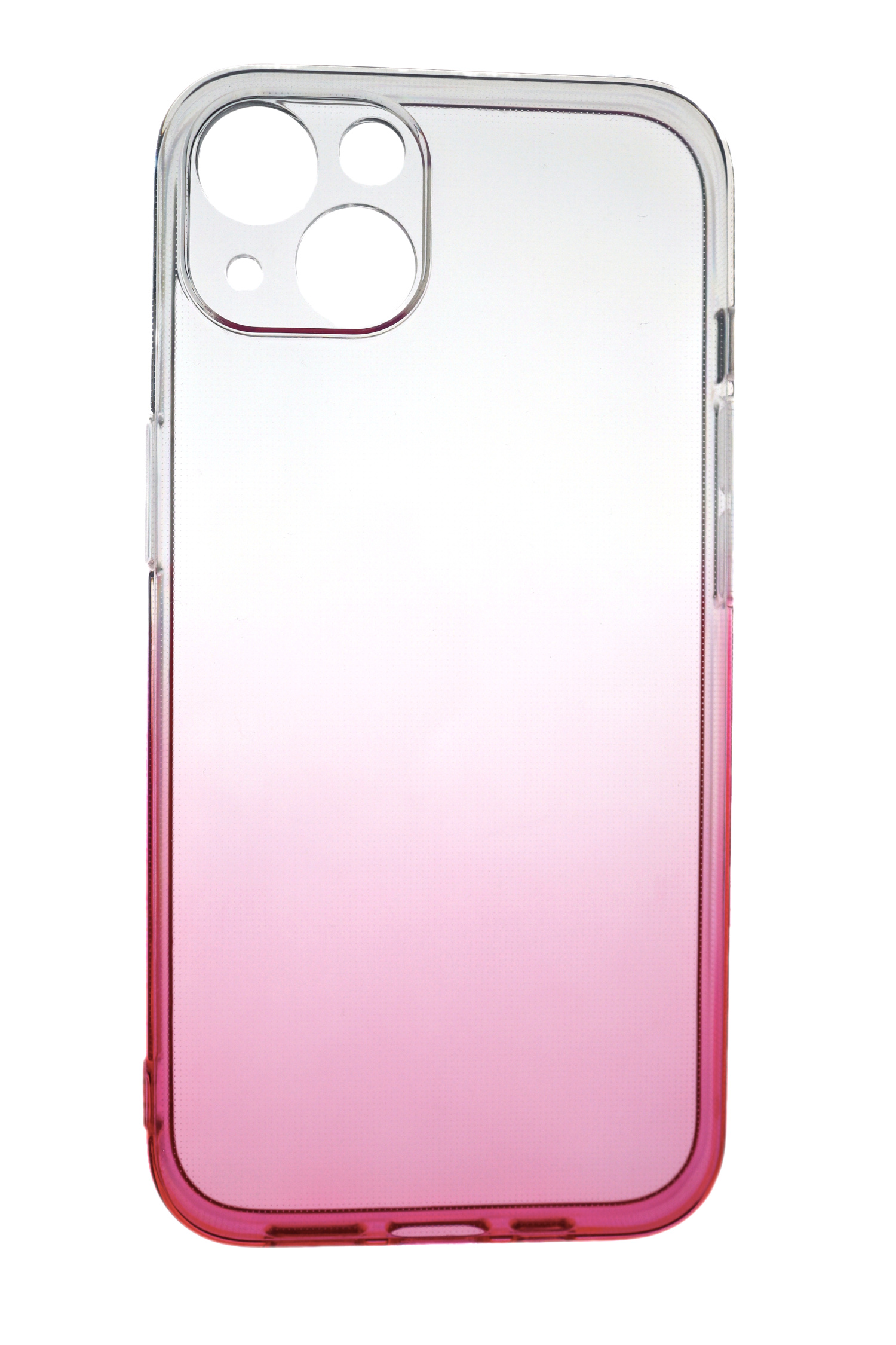 Eine transparente Handyhülle mit einem rosa Farbverlauf. Das Telefon befindet sich auf einer weißen Oberfläche, isoliert.