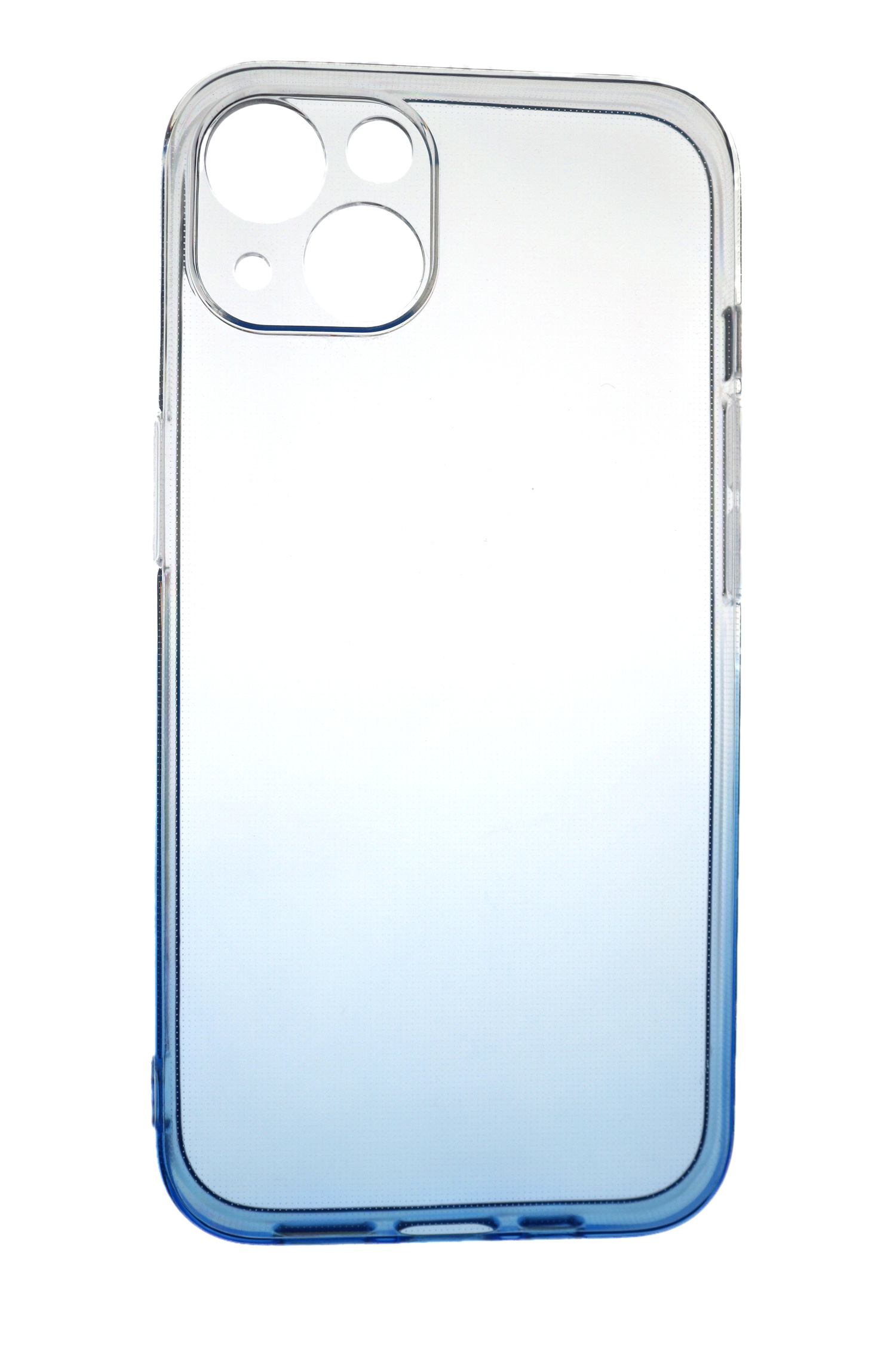 Transparente Handyhülle mit blauem Farbverlauf. Weißer Hintergrund. Die Hülle ist transparent.
