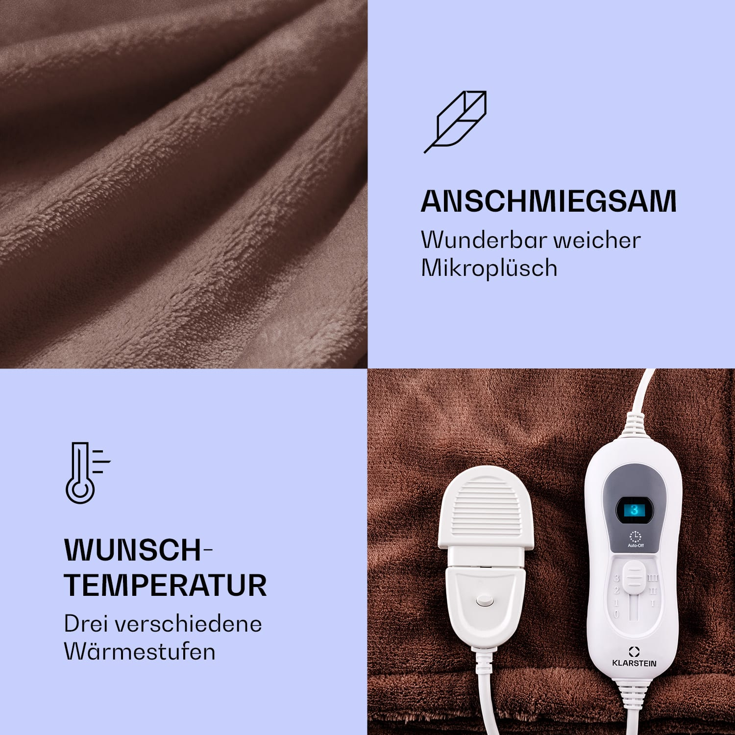 Braune Decke mit Text und Symbolen für Komfort, Wärme und Temperaturregelung.