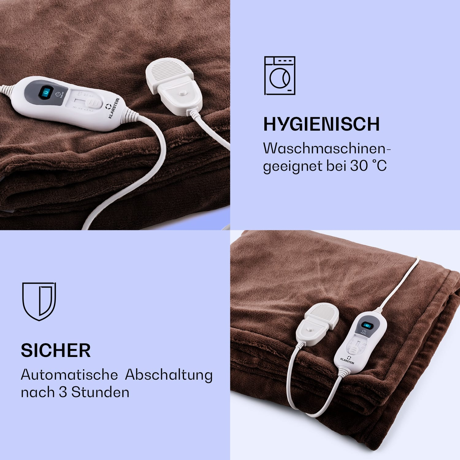 Braune Heizdecke mit Bedienfeld. Merkmale sind Hygiene und automatische Abschaltung.
