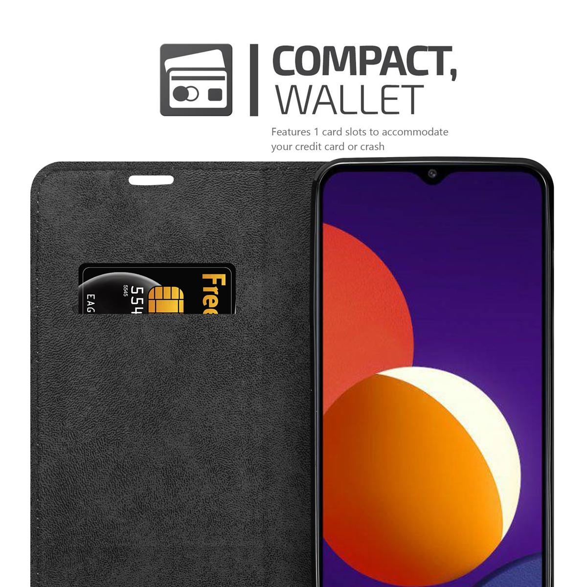 Schwarze Brieftaschen-Handyhülle mit einer Karte darin. Text sagt 'COMPACT, WALLET' und hat 1 Kartensteckplatz.