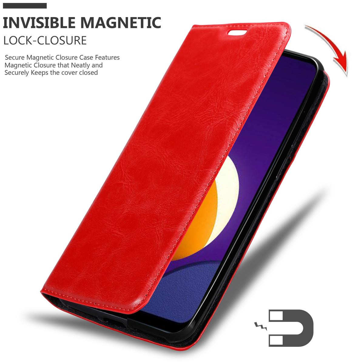 Eine rote Handyhülle mit Magnetverschluss. Das Telefon befindet sich darin, und die Hülle ist geöffnet und zeigt den Bildschirm.