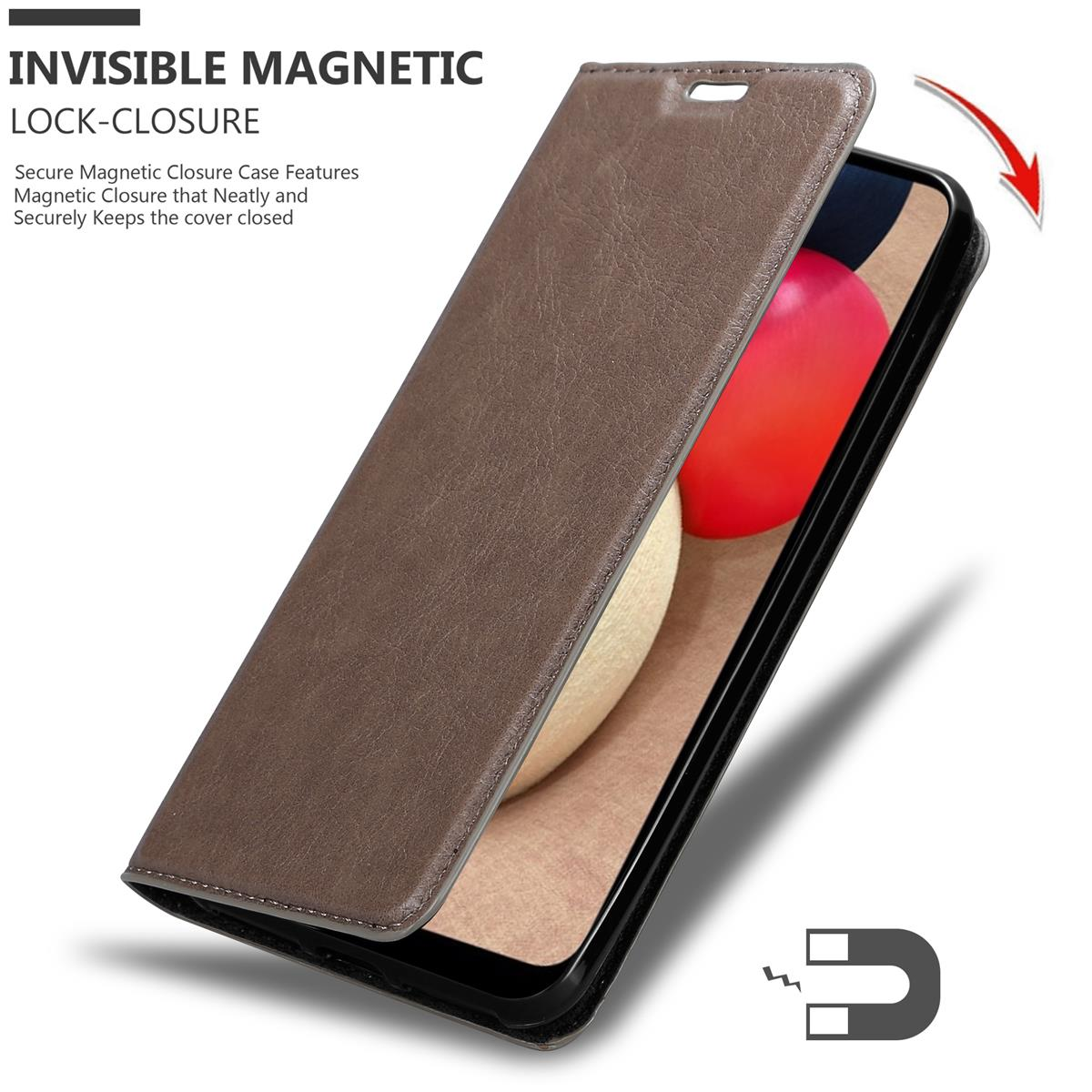 Braune Leder-Handyhülle offen, zeigt das Telefon im Inneren. Magnet und Pfeil sind an der Seite sichtbar.