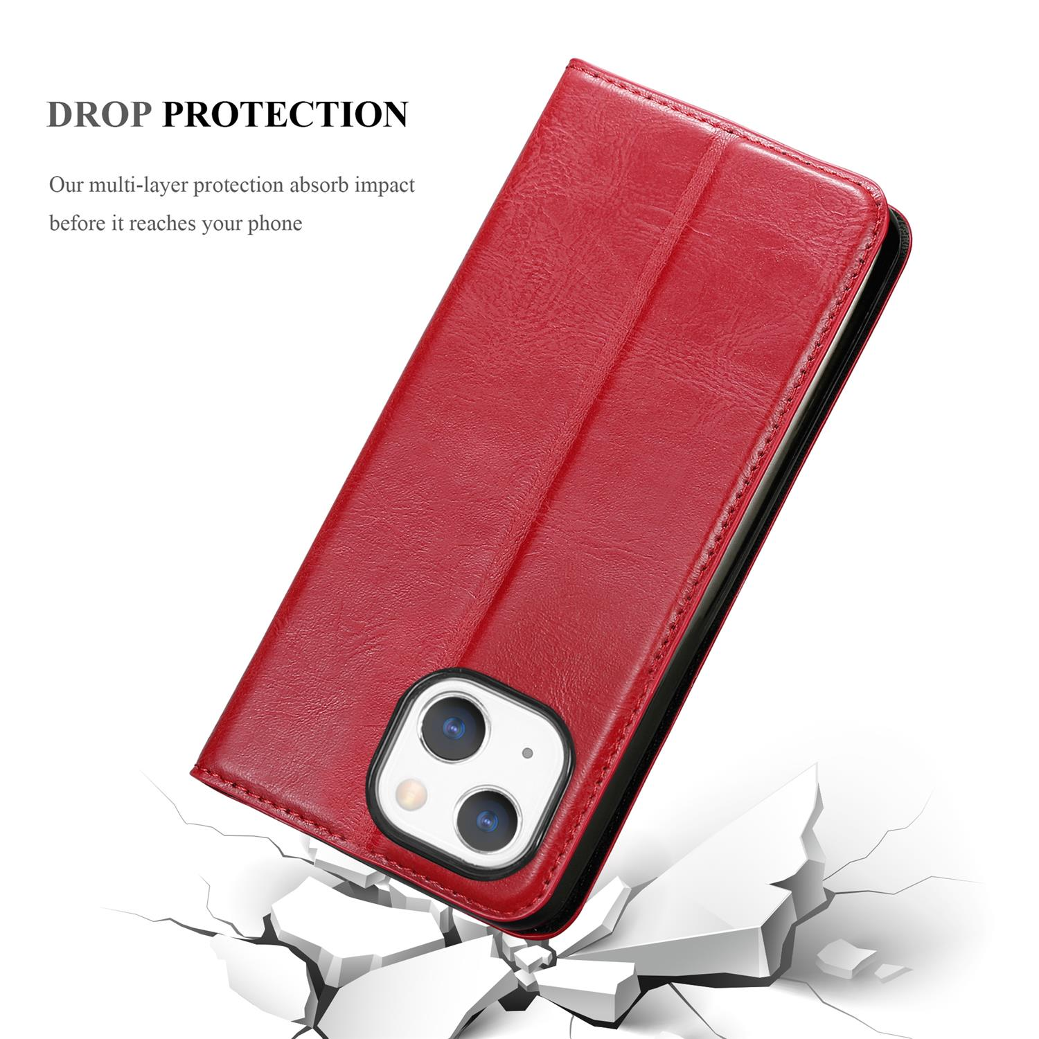 Rote Handyhülle, offen, mit einem Telefon darin. Es hat ein Fallschutz-Label.