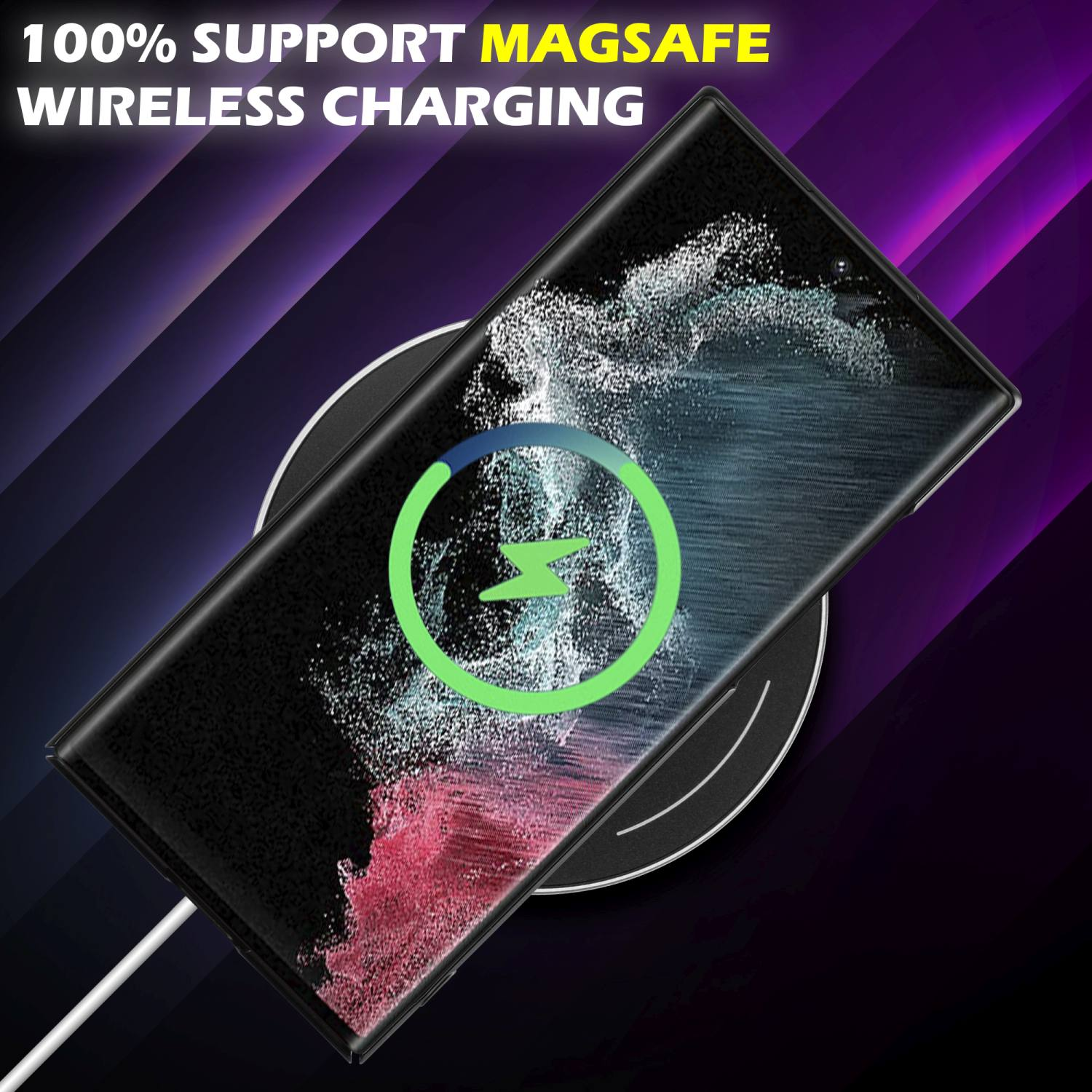 Telefon auf kabellosem Ladegerät. 100% Magsafe-Laden. Lila und schwarzer Hintergrund.