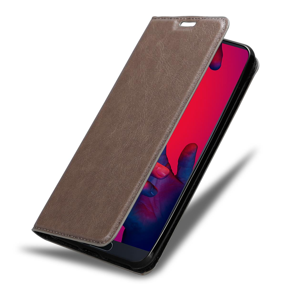 Eine braune Leder-Handyhülle, geöffnet, zeigt einen Telefonbildschirm mit rotem Hintergrund.