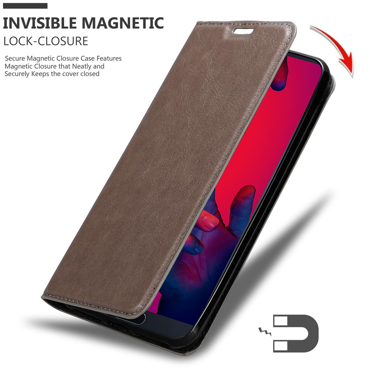 Braune Leder-Handyhülle, geöffnet, zeigt ein Telefon mit rotem Bildschirm.