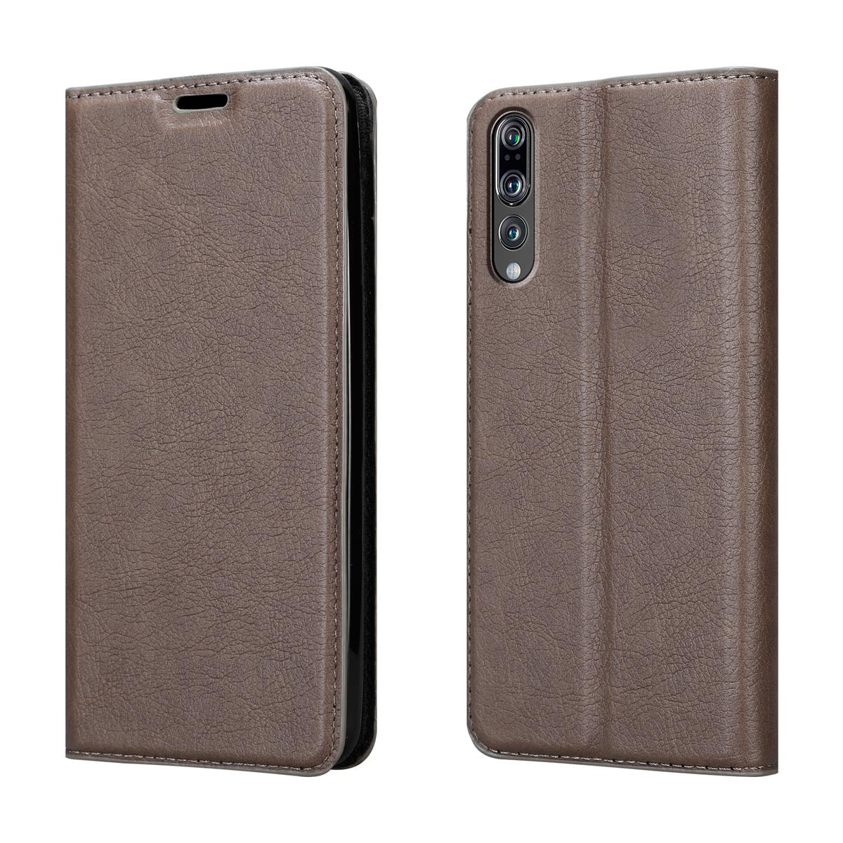 Braune Leder-Handyhülle, Vorder- und Rückansicht, mit Magnetverschluss für ein Smartphone.