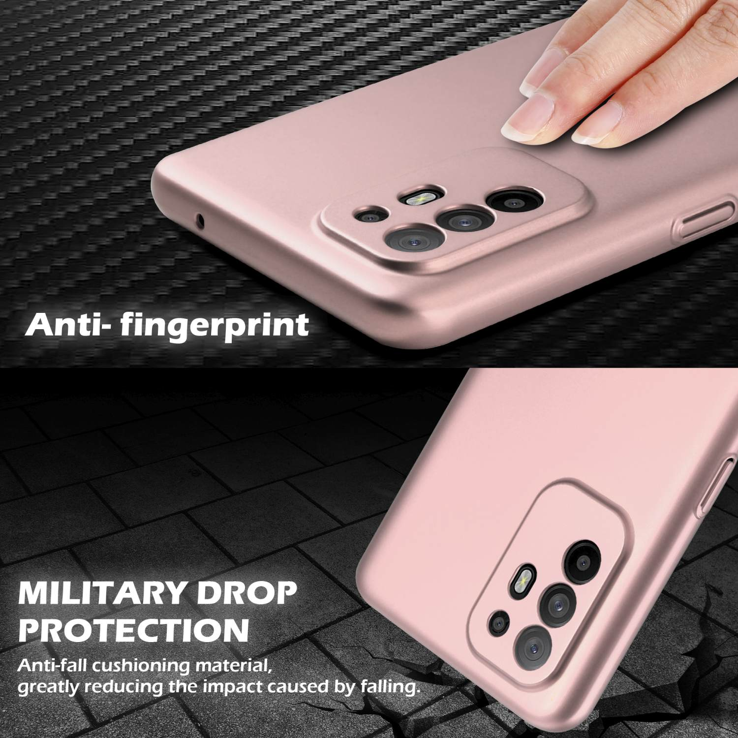 Roségoldenes Telefoncase, eine Hand berührt es. Der Hintergrund ist ein strukturiertes, dunkles Grau.