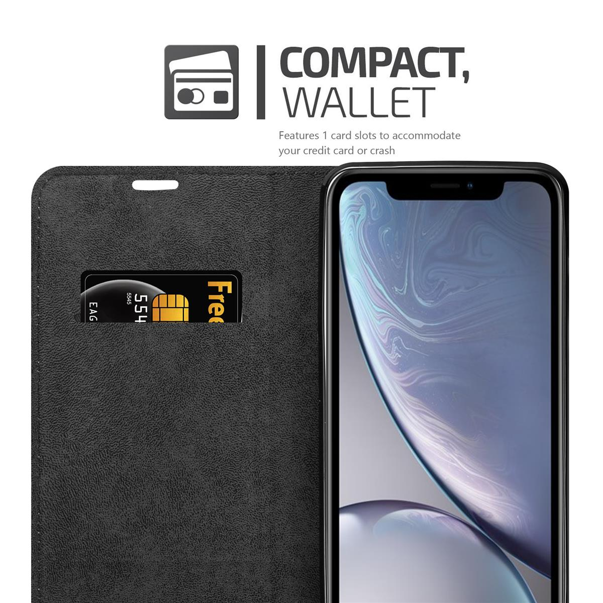 Schwarze Handyhülle im Brieftaschenstil mit Karte und Telefon rechts.