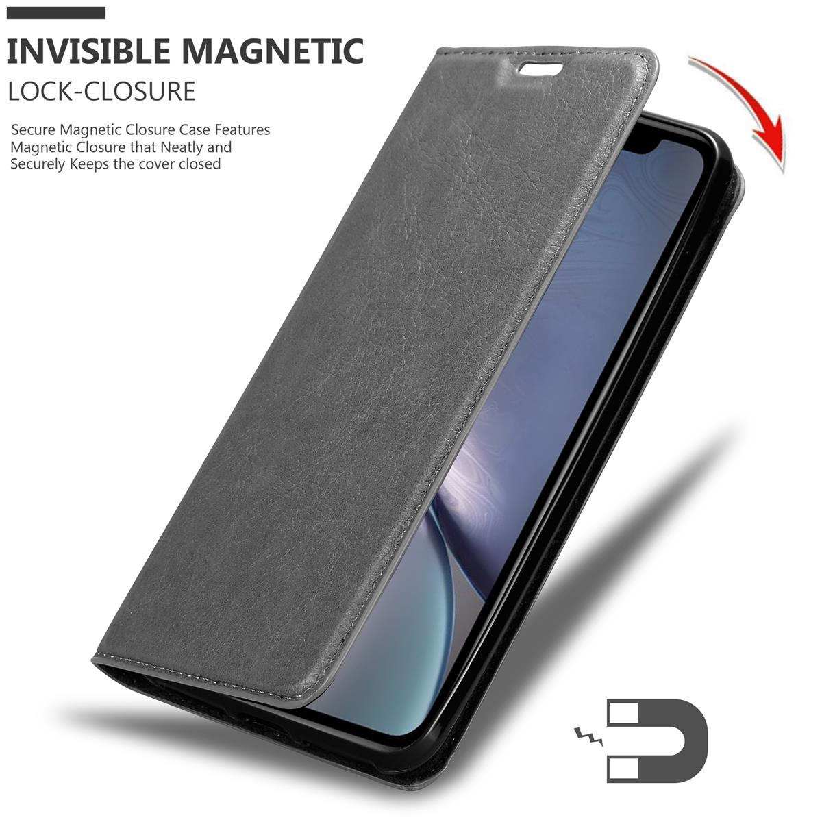Graue Handyhülle, die geöffnet wird, um ein Telefon freizugeben. Die Hülle hat einen Magnetverschluss. Der Text sagt "lock-closure".