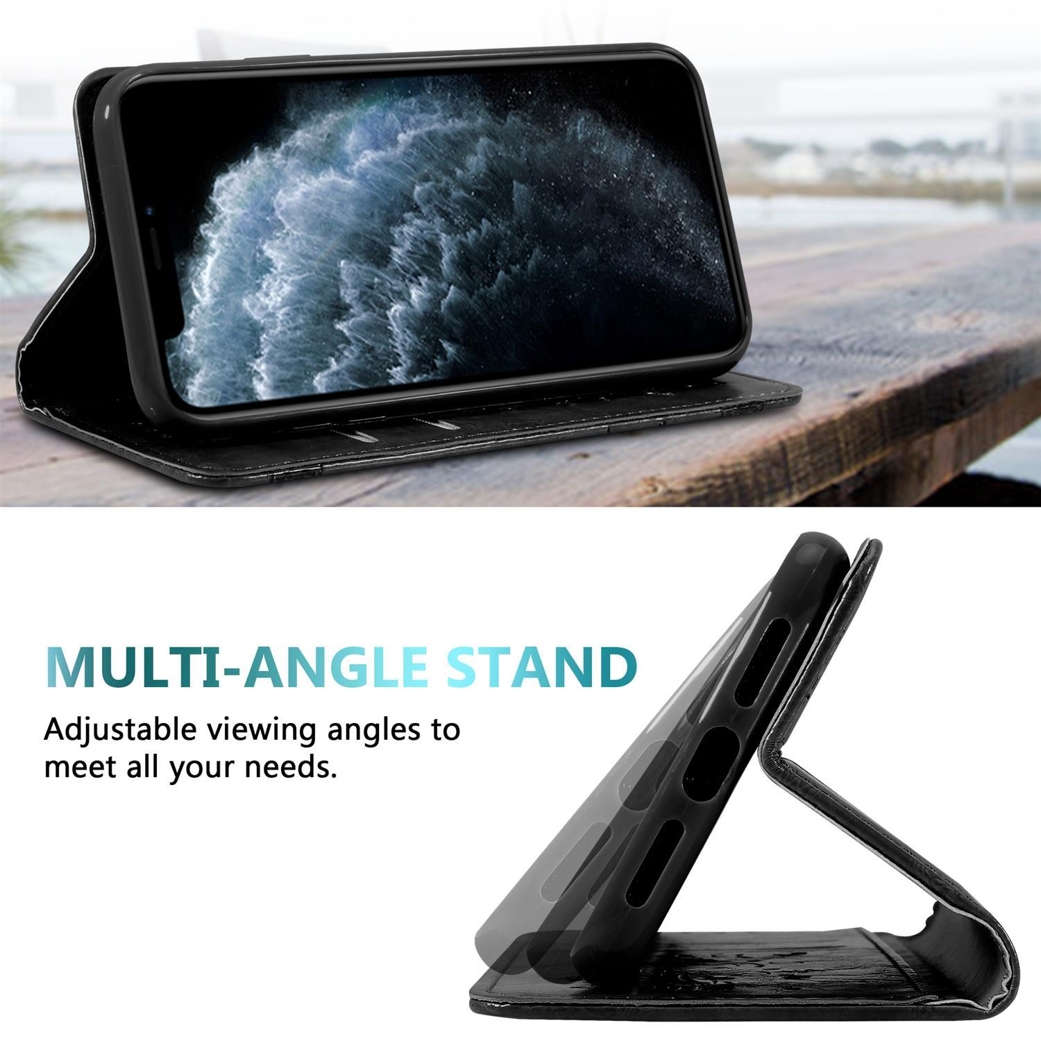 Schwarzes Telefon in schwarzer Hülle. Die Hülle ist offen und zeigt ein Telefon. Text: Multi-Angle Stand.