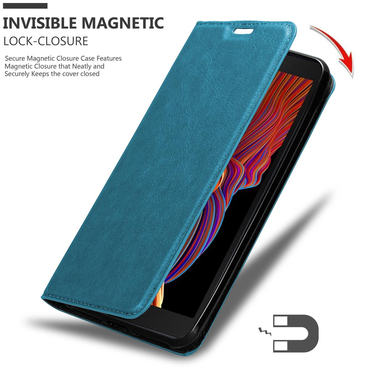 Blaue Handyhülle öffnet sich, um das Telefon freizugeben. Magnet in der Ecke.