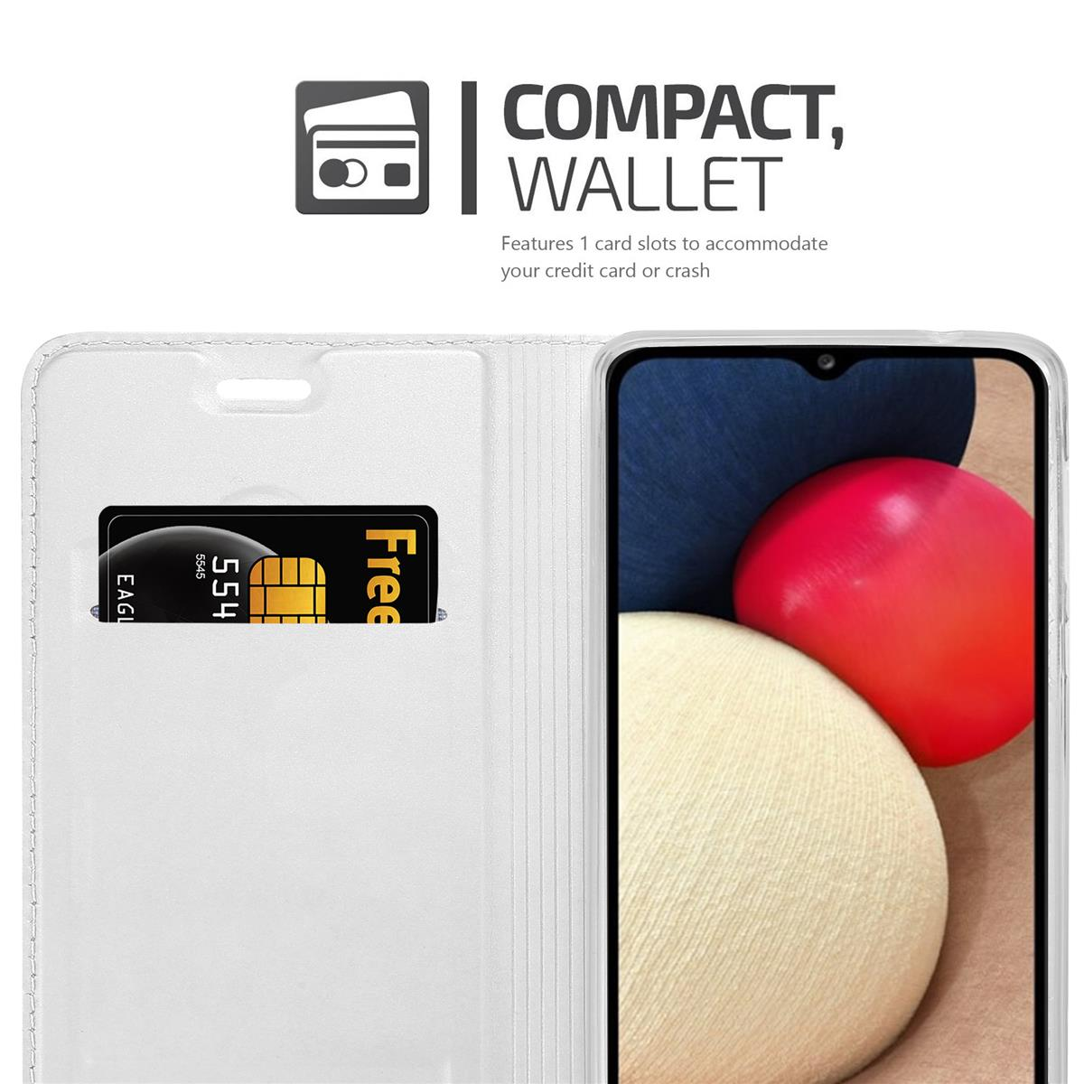 Custodia bianca con slot per carte. Testo: Compatto, Portafoglio. Carta nello slot.