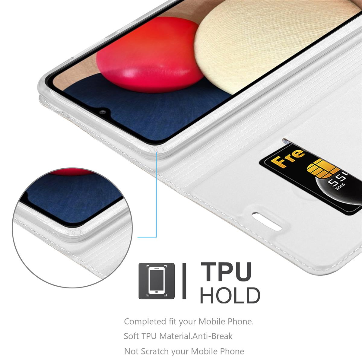 Custodia bianca per telefono con telefono all'interno, che mostra una carta, con testo: TPU HOLD, e sfondo bianco.