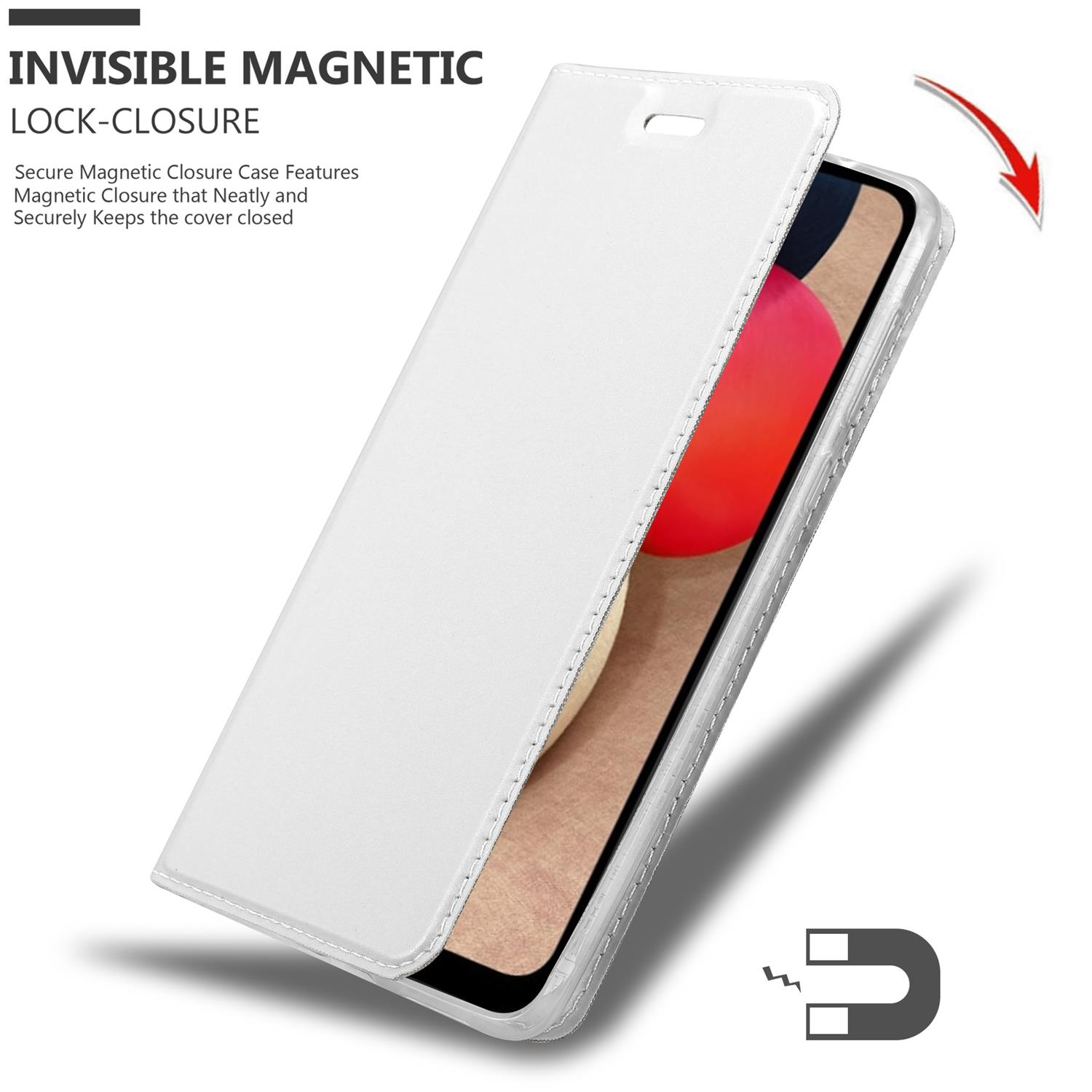 Custodia per telefono bianca, aperta, con un magnete. Il testo di chiusura magnetica invisibile è visibile.