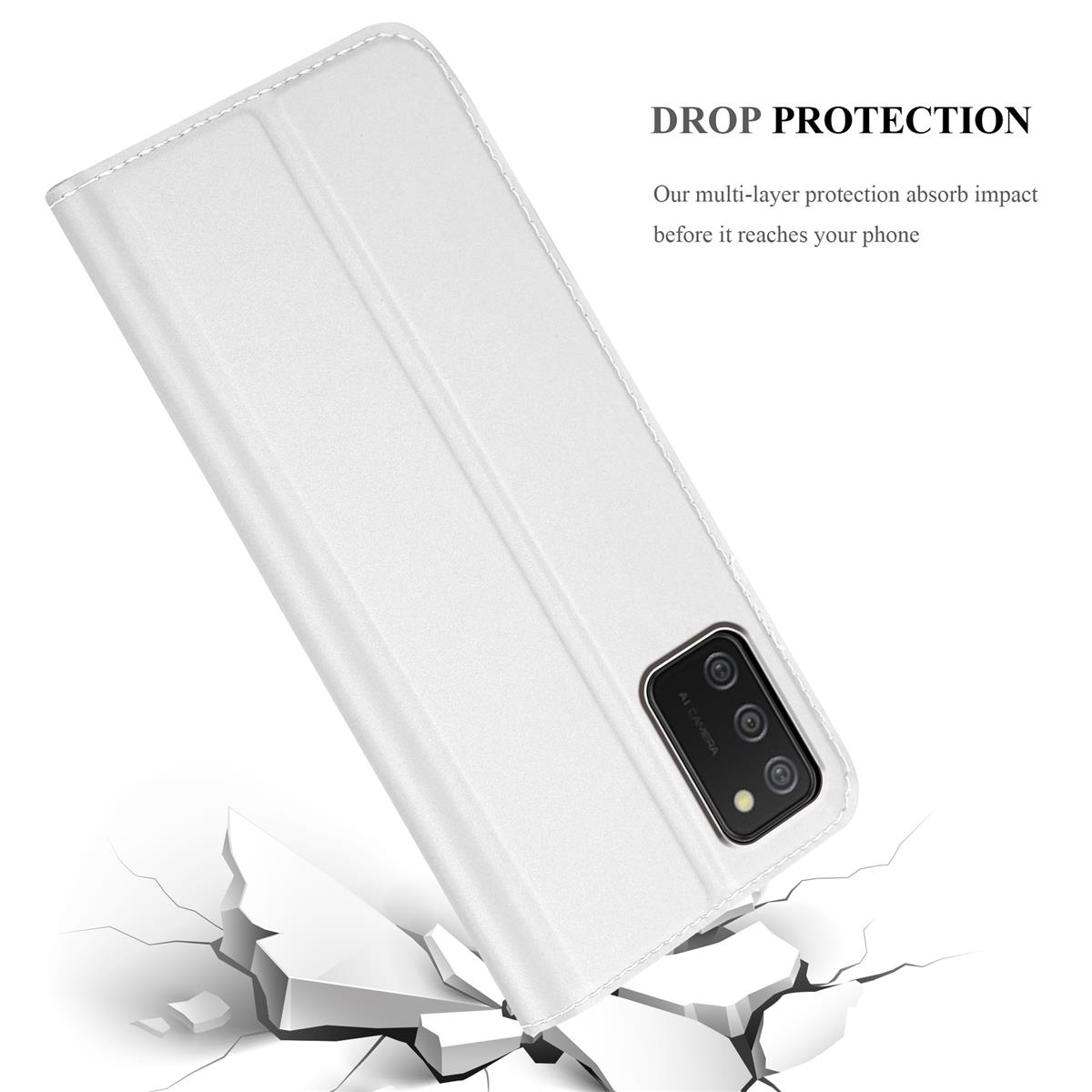 Custodia bianca per telefono con protezione schermo. Testo: Protezione dalle cadute. Assorbe l'impatto prima che raggiunga il telefono.