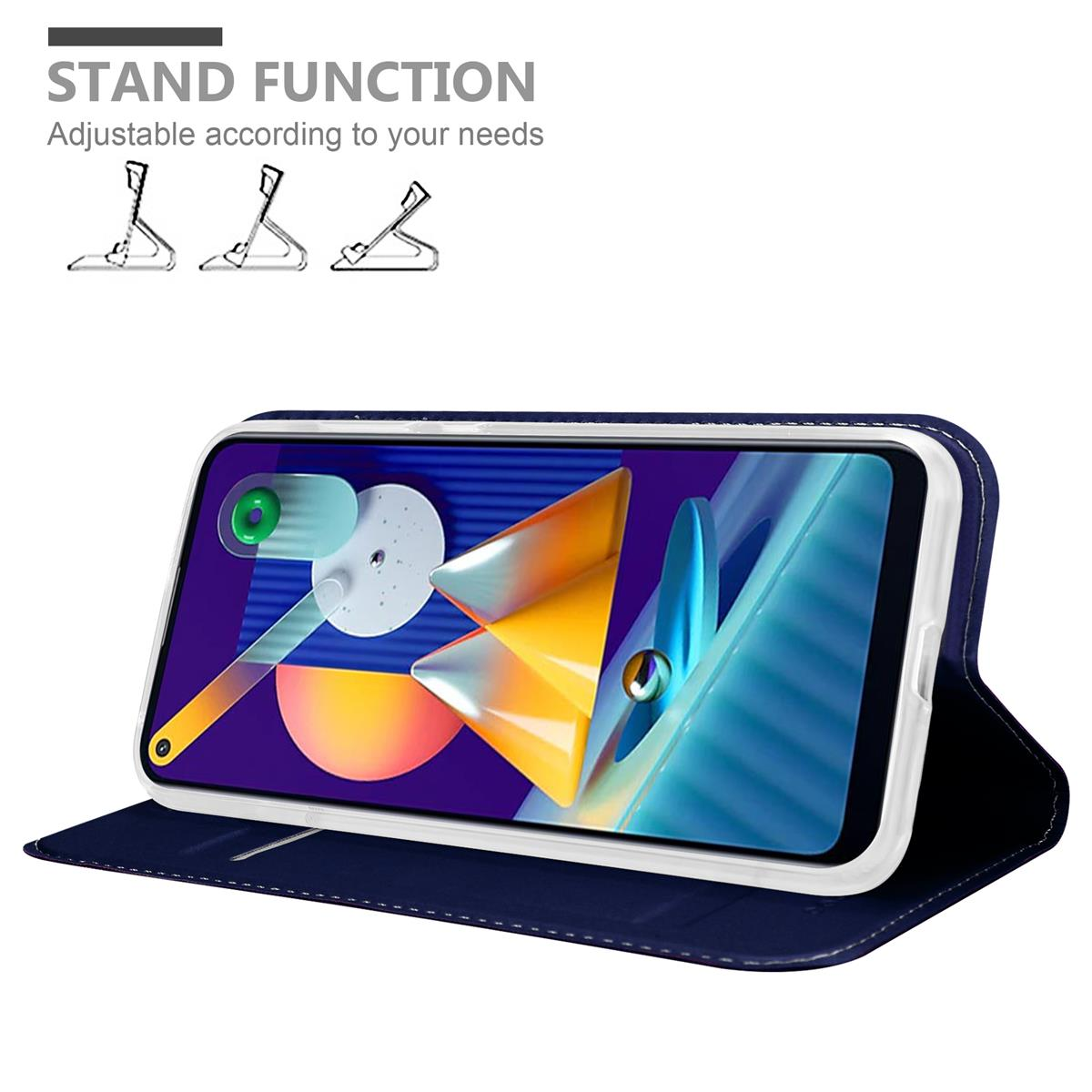 Eine blaue Handyhülle mit einem Telefon darin, das ein farbenfrohes abstraktes Bild zeigt, und Standfunktion.