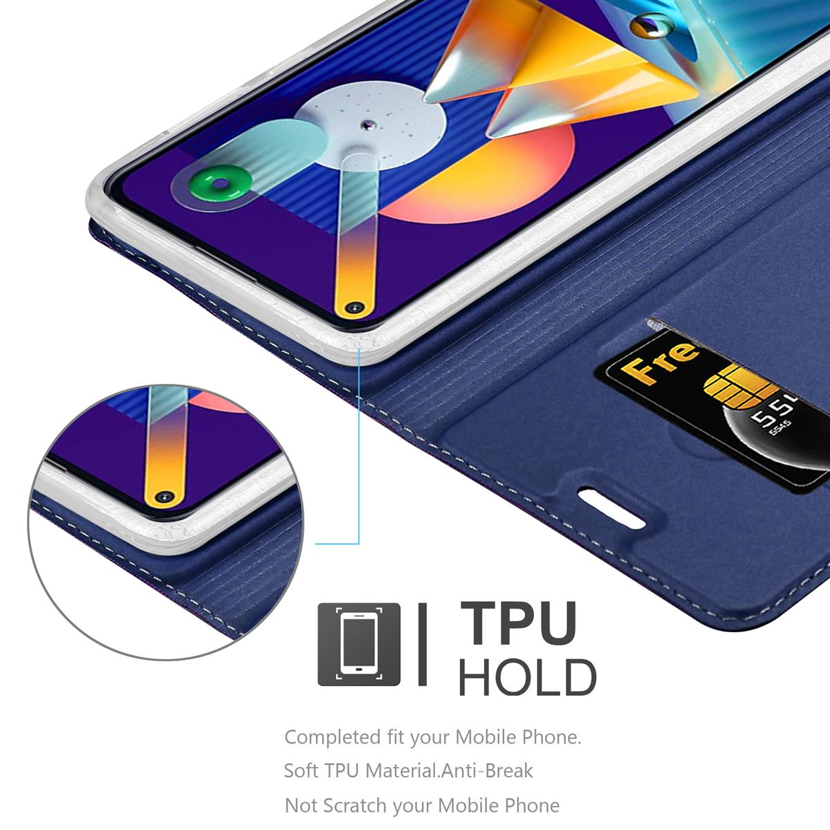 Blaue Handyhülle, Telefon und Kreditkarte.