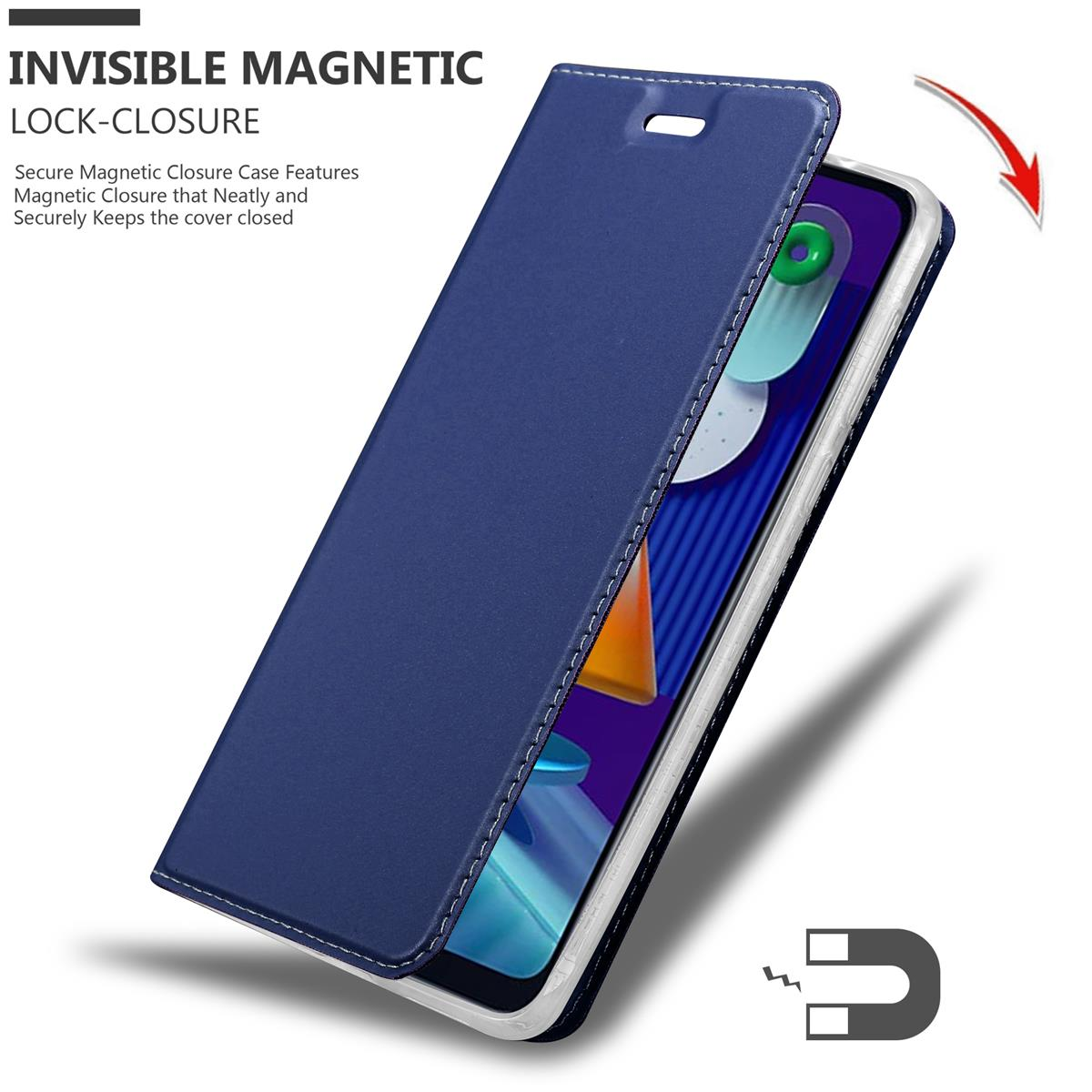 Eine blaue Handyhülle im Brieftaschenstil. Die Abdeckung öffnet sich und zeigt das Telefon.