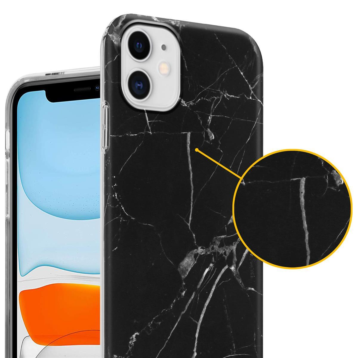 Custodia per telefono in marmo nero su un telefono. Un cerchio ingrandisce il motivo marmorizzato. Sfondo bianco.